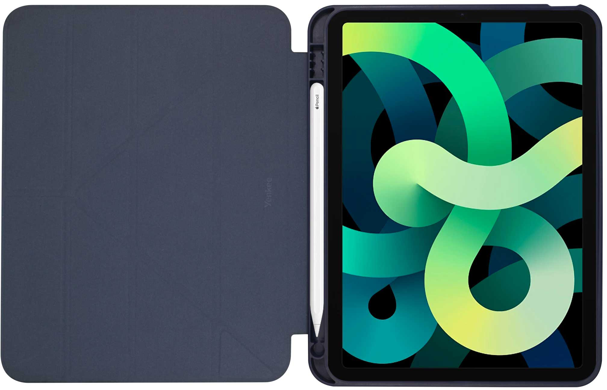 Sötétkék tablet nyitott tokkal és mellette ceruzával.