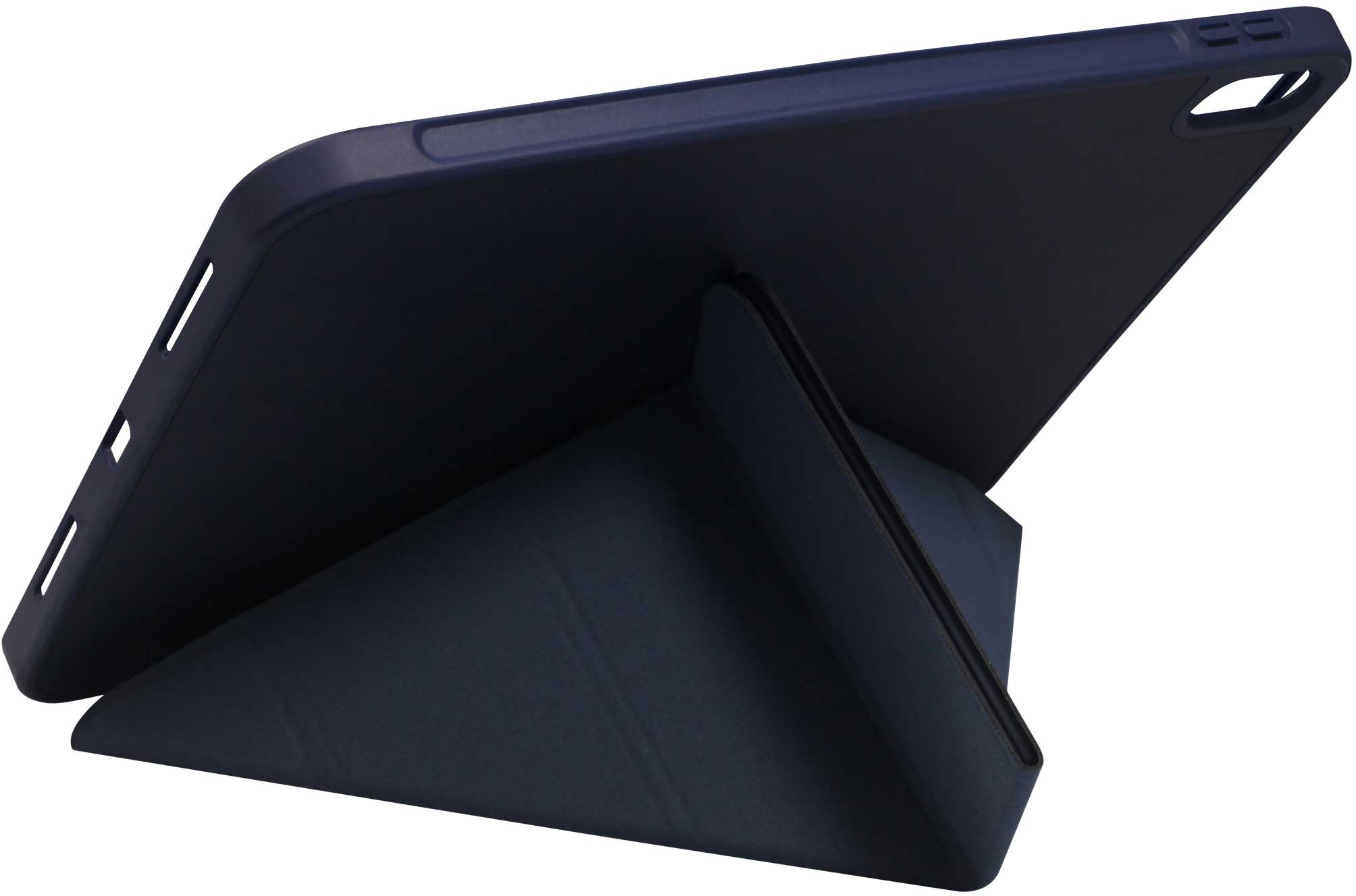 Egy sötétkék, tokos tablet állványon.