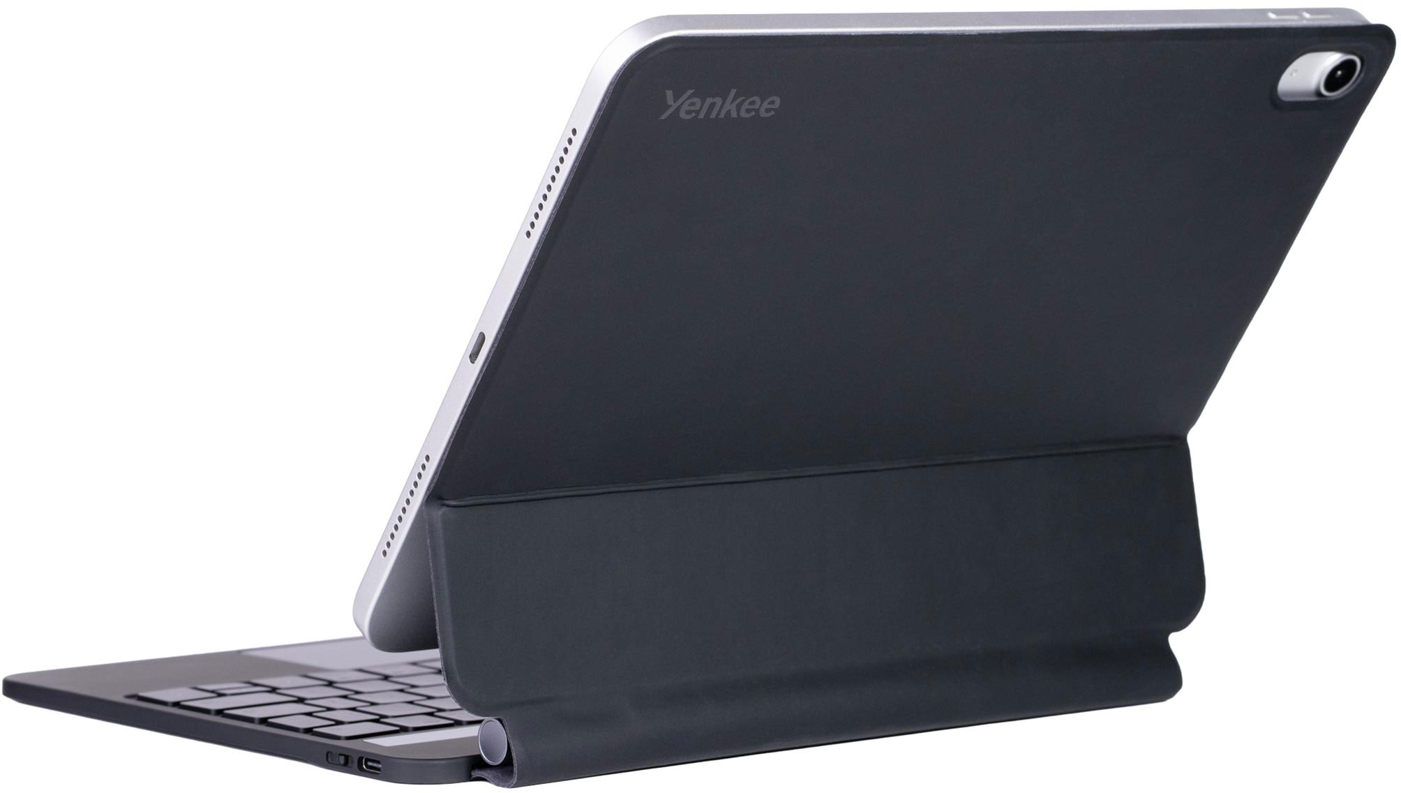 Sötét tablet tartó billentyűzettel, fehér háttér előtt.