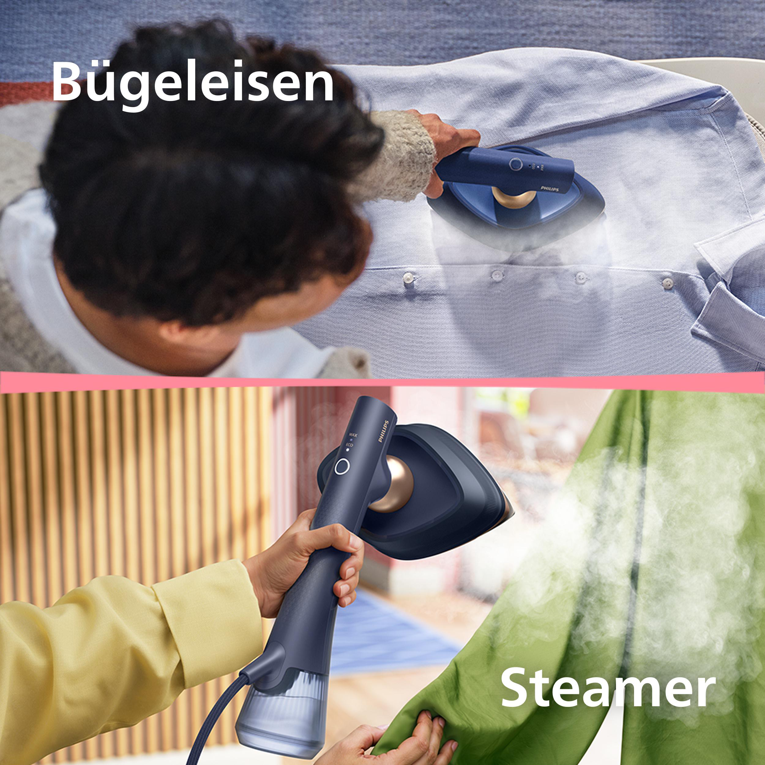 Eine Person bügelt ein hellblaues Hemd mit einem blauen Handdampfer.