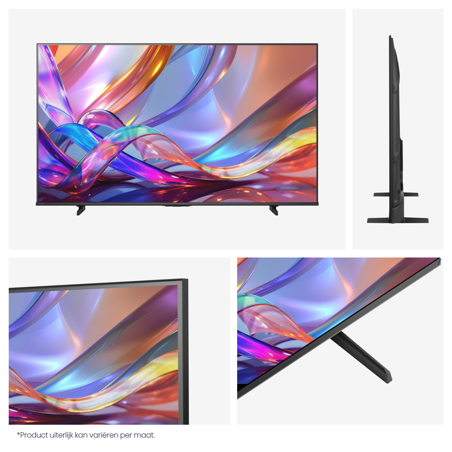 Een moderne zwarte televisie met een kleurrijke, abstracte screensaver.