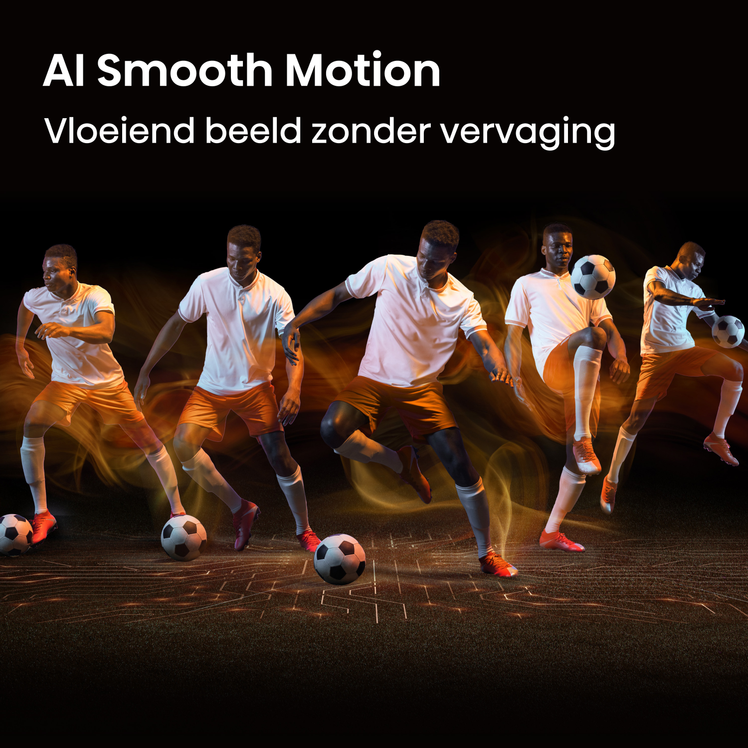 Een voetballer in meerdere poses met een bal op zwarte achtergrond.