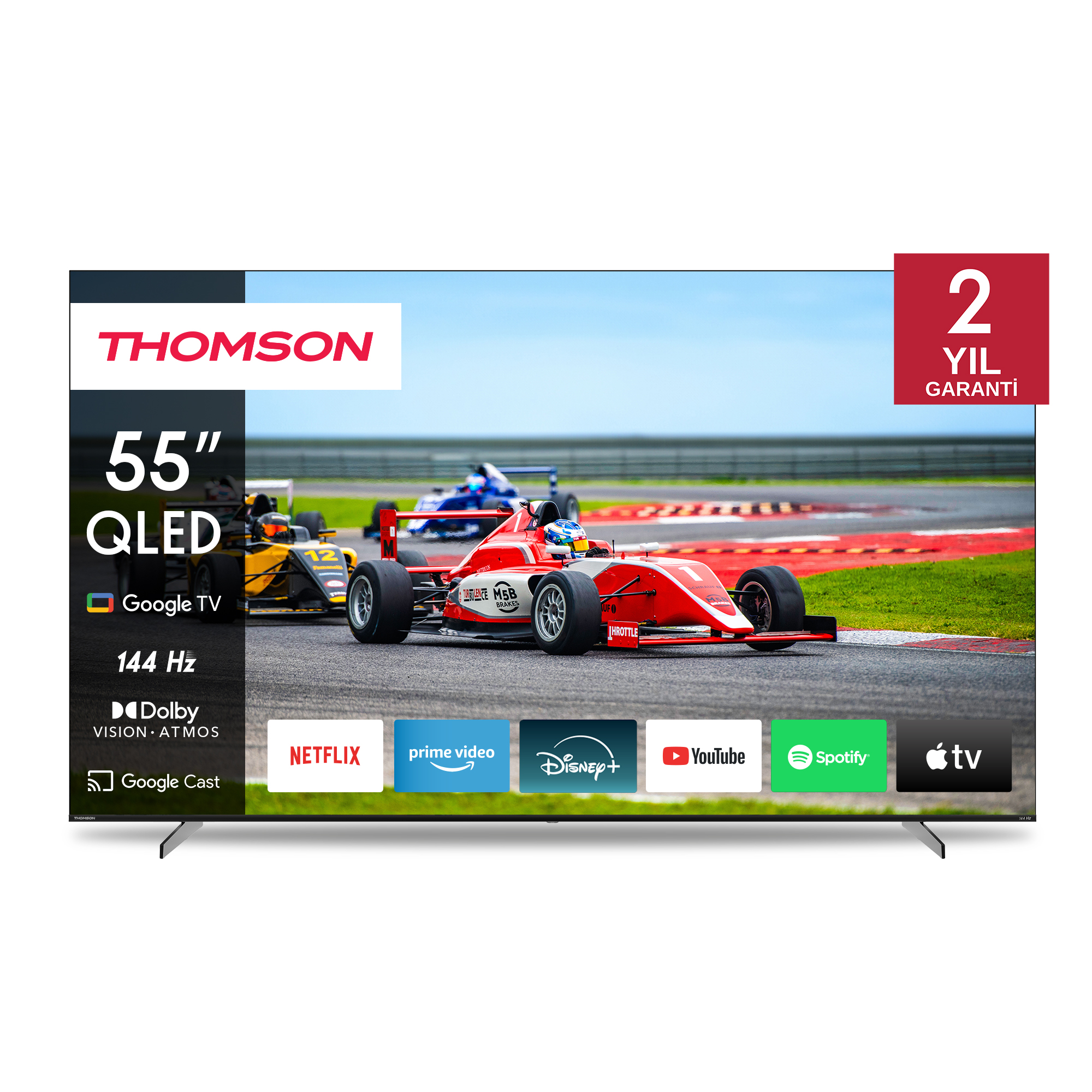 Thomson 55 inç QLED TV, yarış arabaları ve uygulama simgeleri içerir.