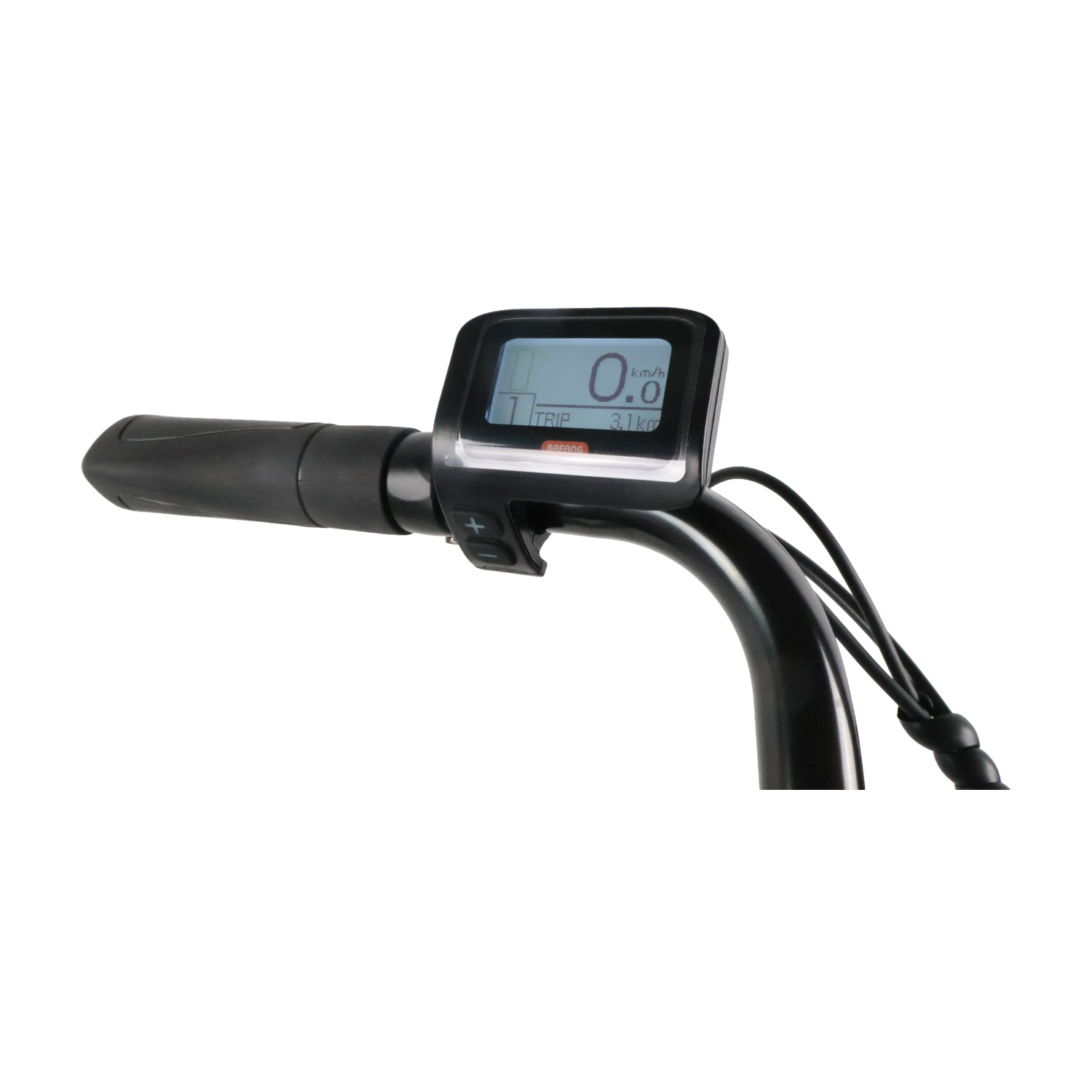 Un manubrio di bicicletta con display che mostra 0 km/h e 3,1 km di viaggio.