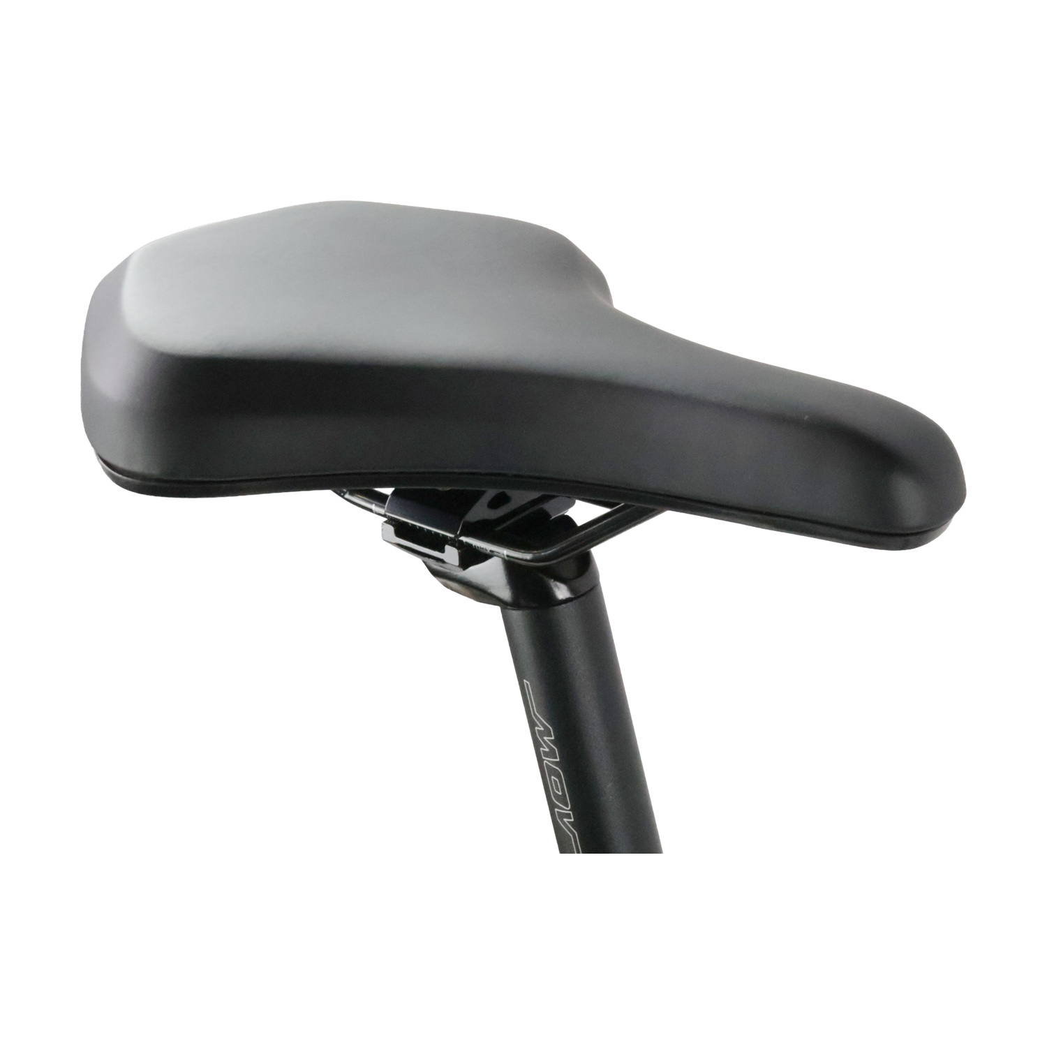 Sella da bicicletta nera con reggisella nero, sfondo bianco.