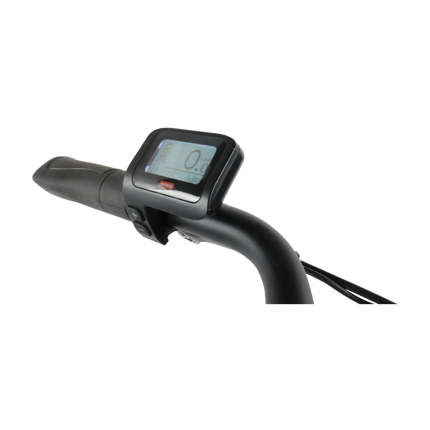 Un manubrio di bicicletta nero con display digitale e controlli.