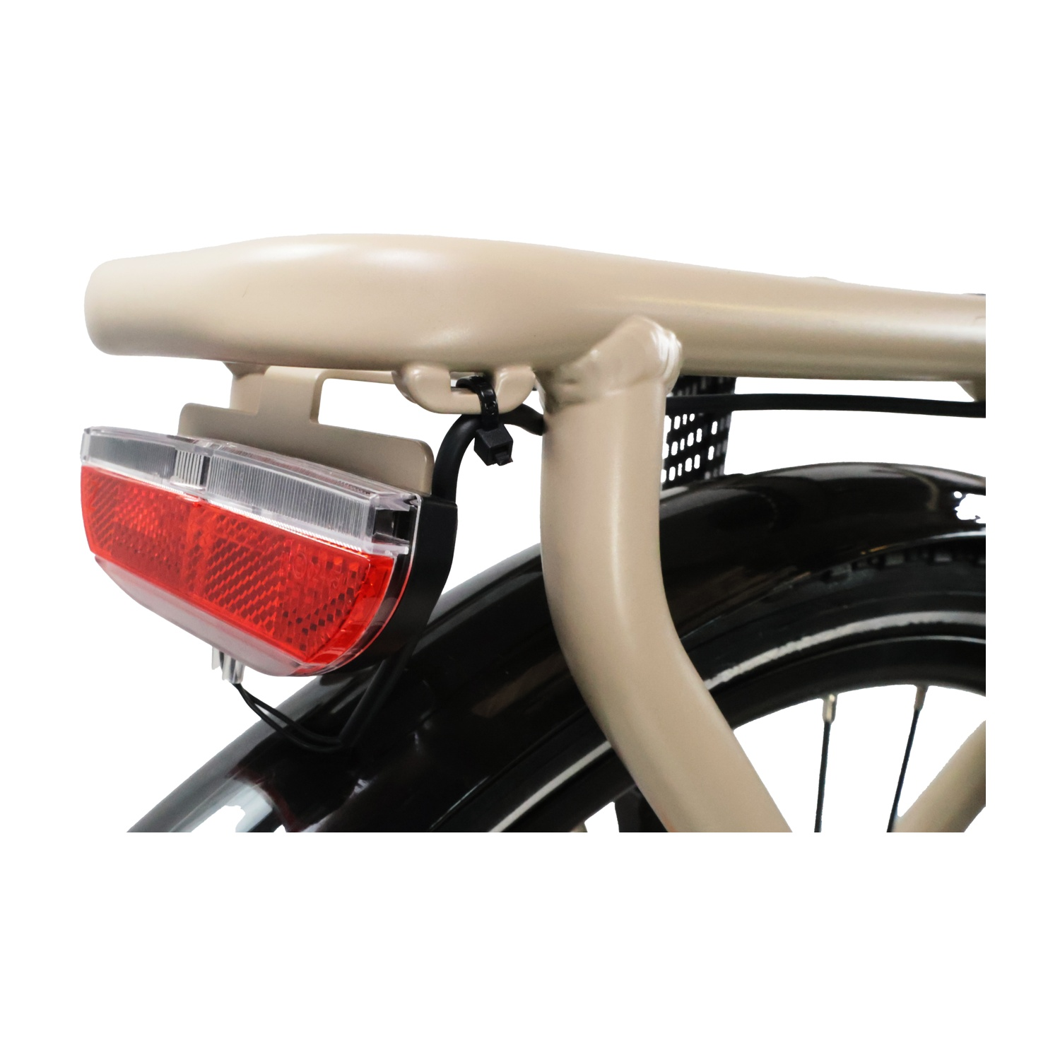 Fanale posteriore rosso e portapacchi beige su una bicicletta.