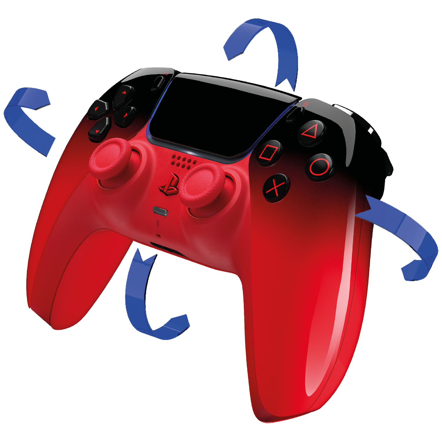 Een rode controller met blauwe pijlen die rotatie aangeven.