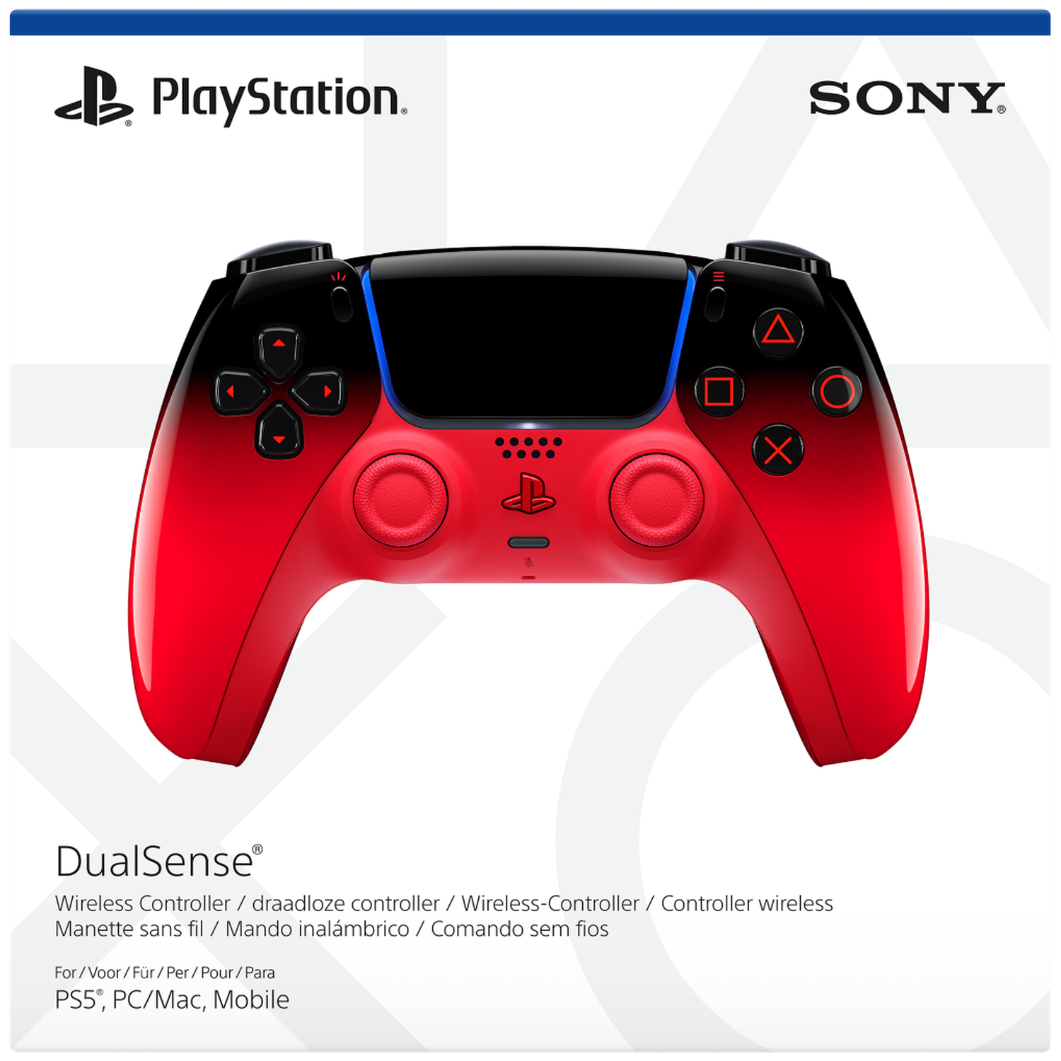 Een rood-zwarte PlayStation DualSense controller met Sony en PlayStation logo's.
