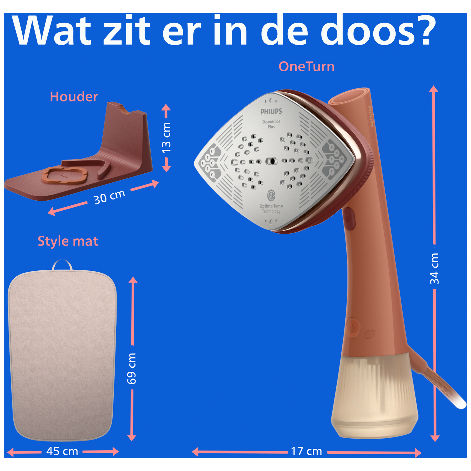 A garment steamer with holder and mat. Dimensions are shown.