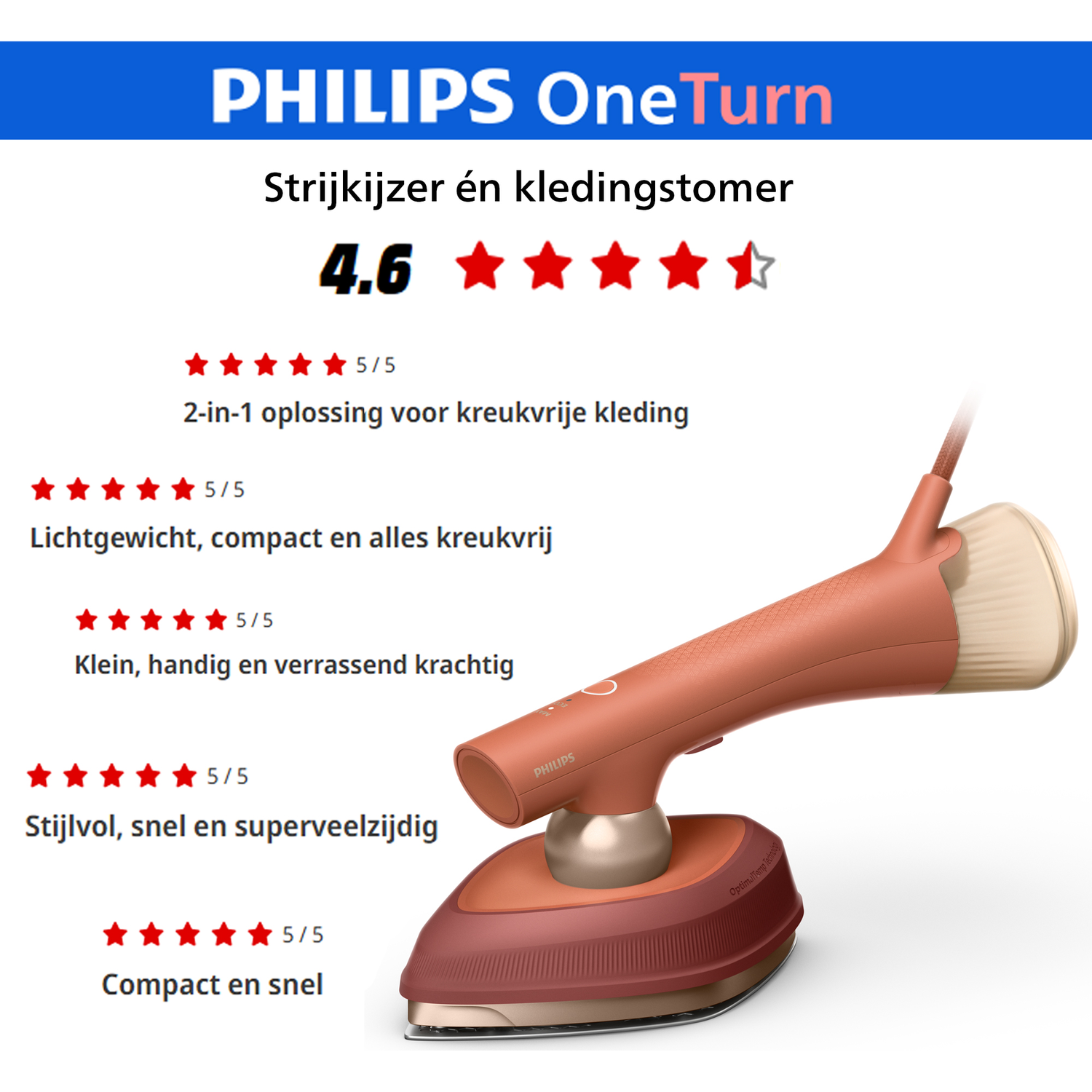 Philips OneTurn iron and steamer, 4.6 stars, 5/5 ratings.