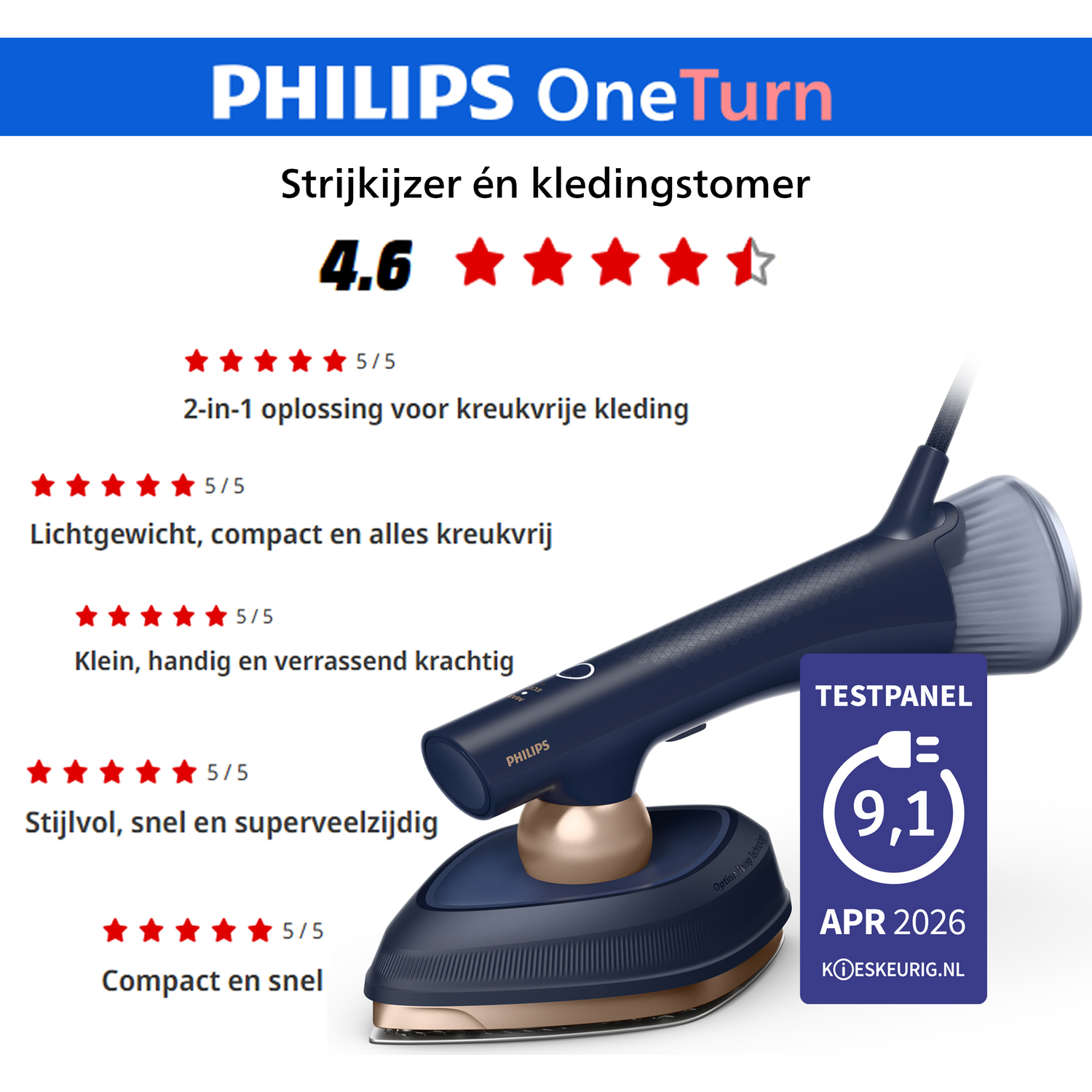 Philips OneTurn iron and steamer, dark blue with copper accents. Rated 4.6/5.