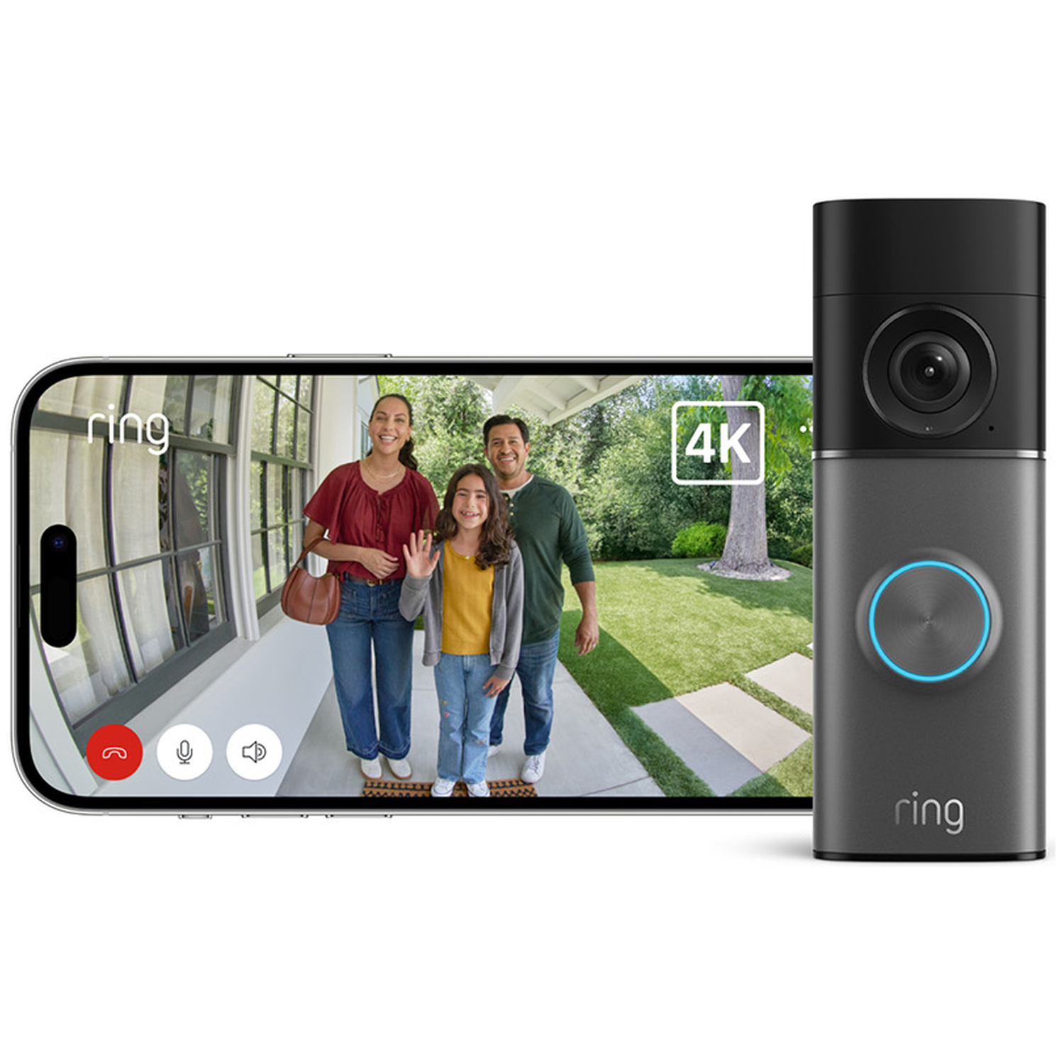 Ring deurbel met 4K telefoonvideo en gezin buiten huis.