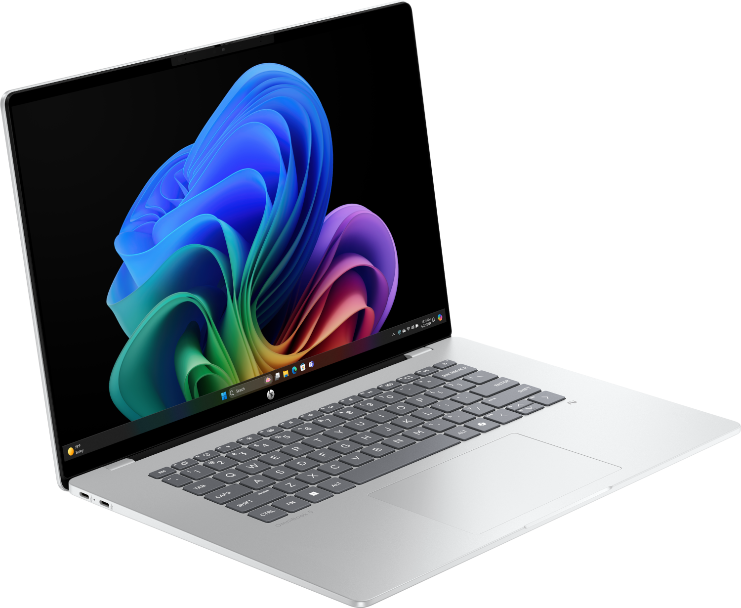 A silver HP laptop with a colorful abstract wallpaper on screen.