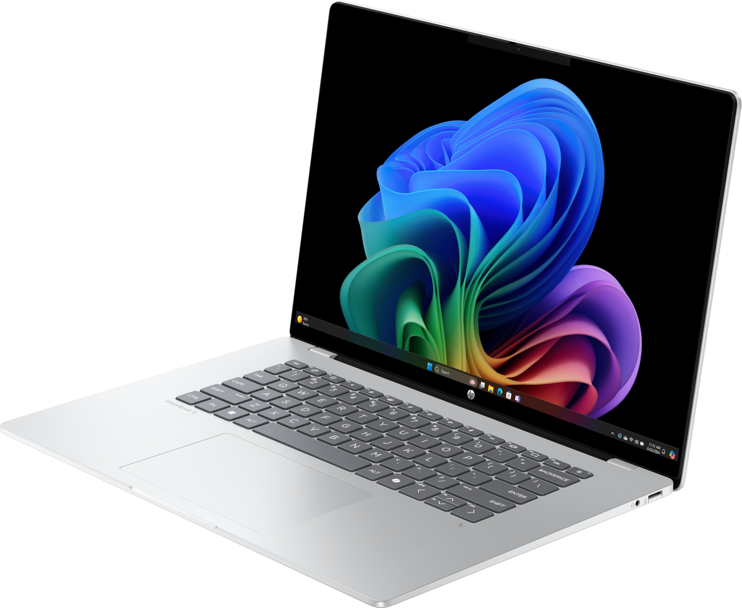 A silver laptop with a colorful wallpaper on the screen and a keyboard.