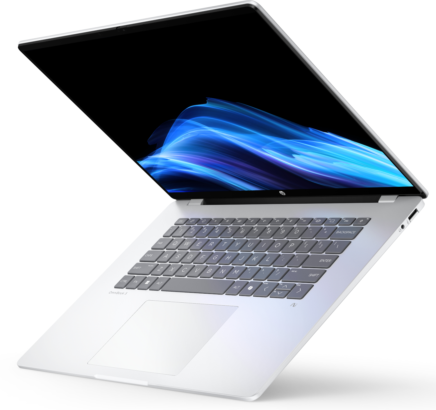 A silver laptop with its screen open, displaying a blue abstract background.