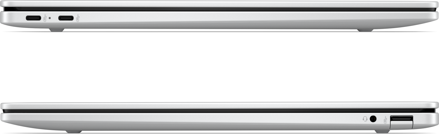 Side view of a white laptop showing ports: two USB-C and a headphone jack.
