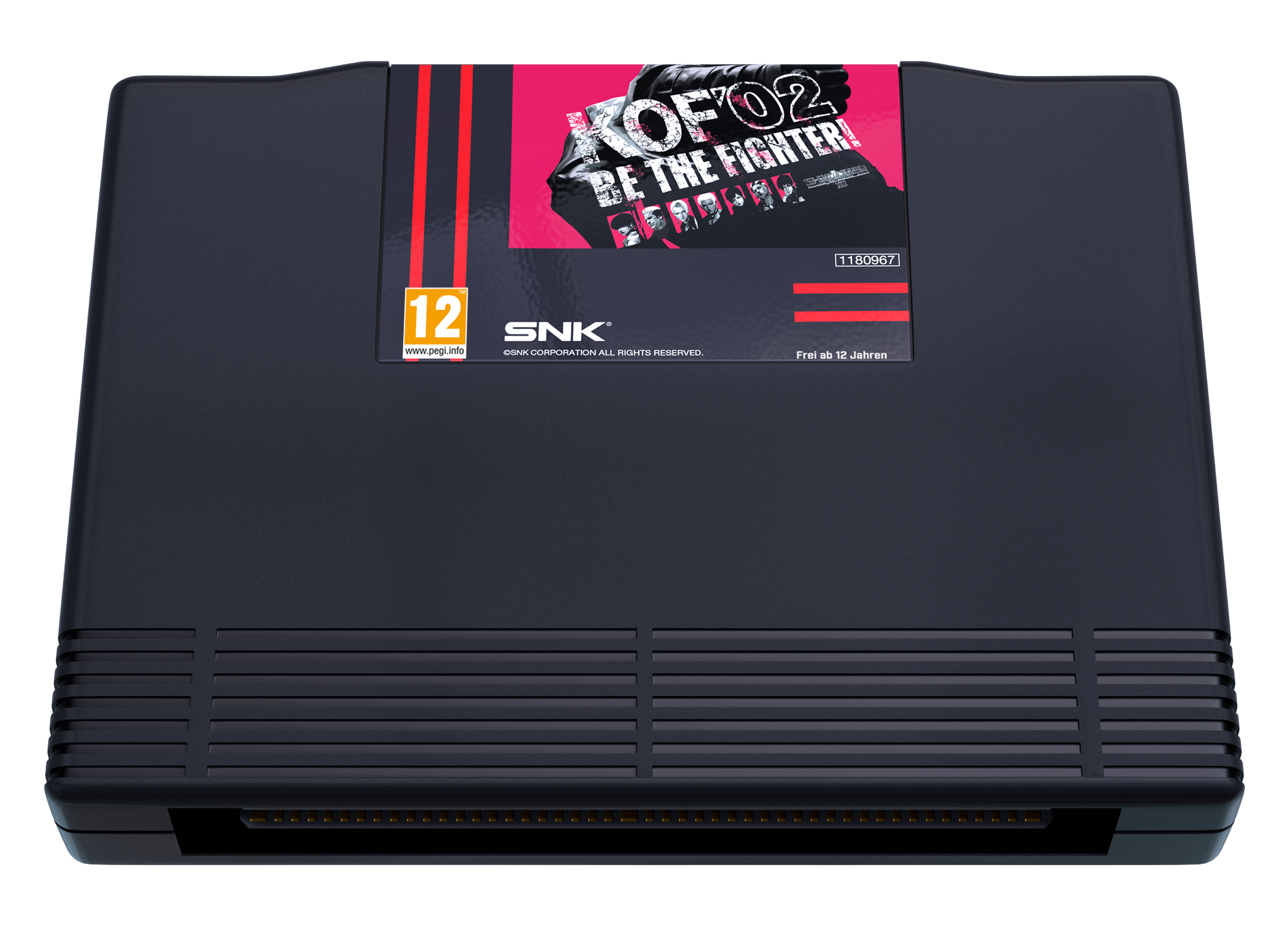 Dunkles Game-Modul mit "KOF '02 BE THE FIGHTER!"-Aufkleber und PEGI 12-Siegel.