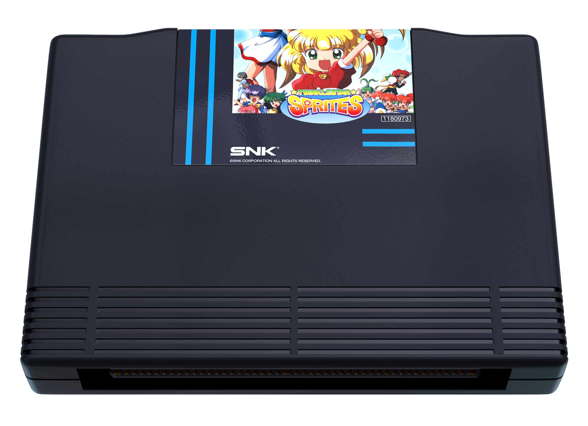 Eine dunkle Spielkassette mit dem Label "Twinkle Star Sprites" und SNK-Logo.