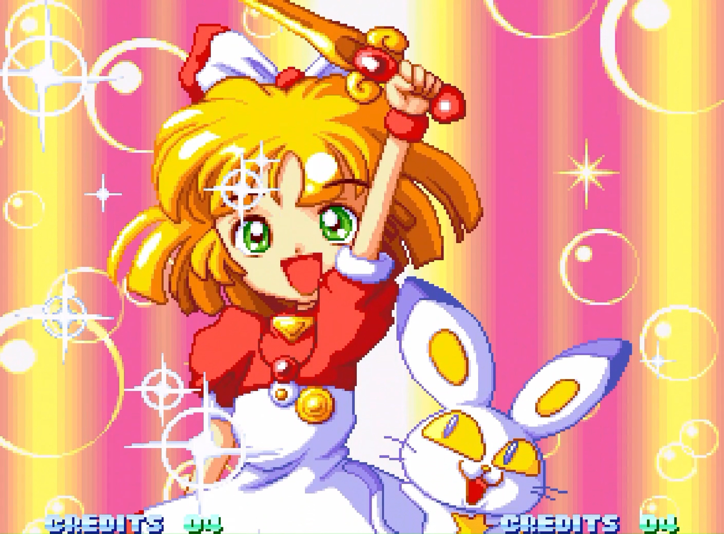 Ein Anime-Mädchen mit gelben Haaren hält ein Schwert, neben einem Hasen.