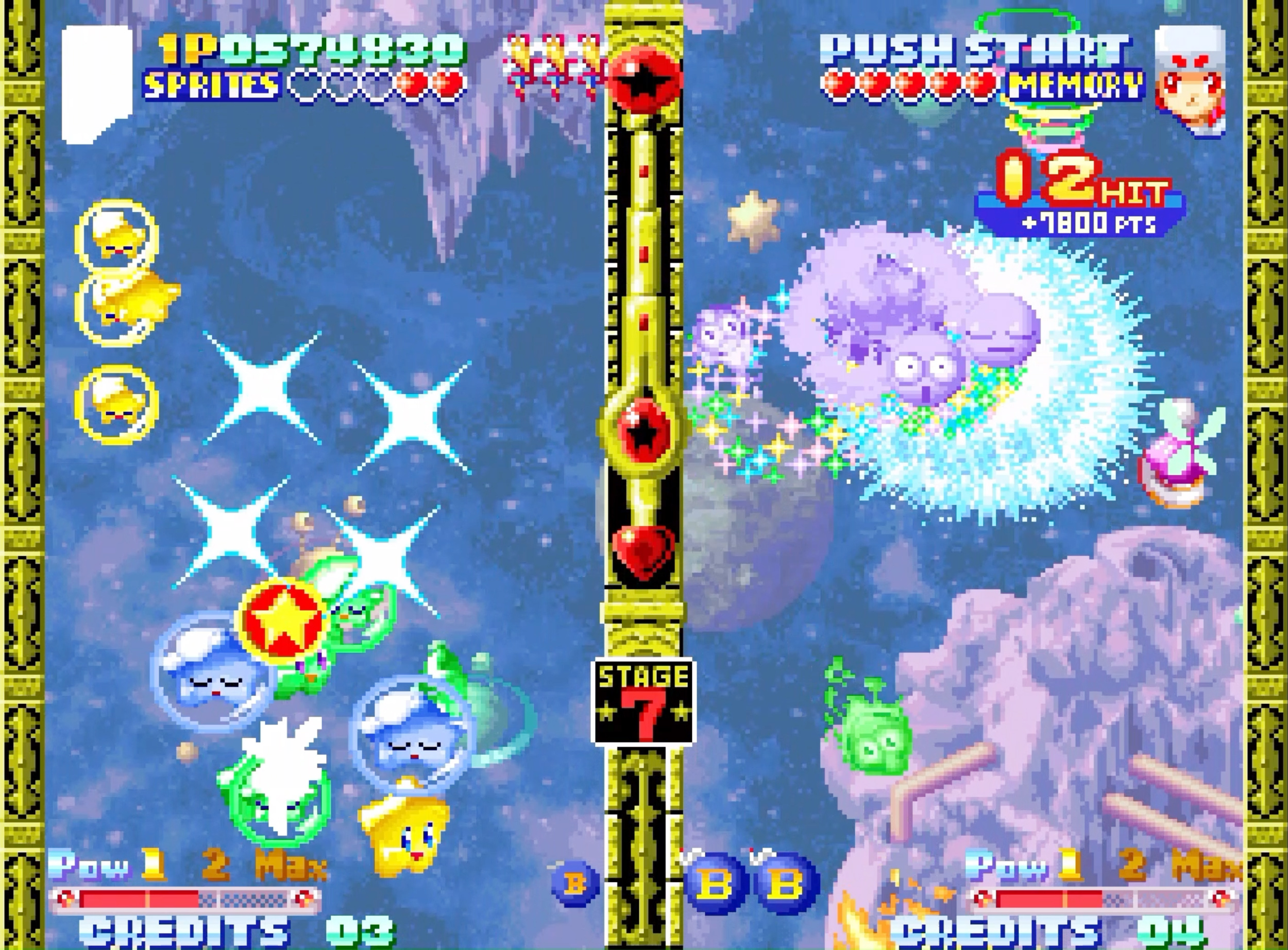 Ein bunter Arcade-Shooter mit Kreaturen in einer blauen Welt. Links sind Schilde, rechts sind Gegner.