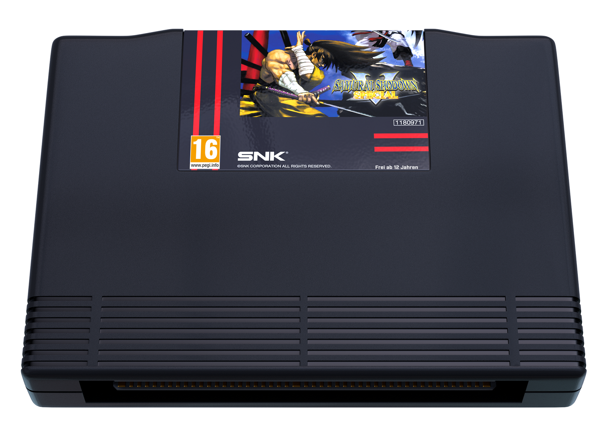 Dunkelgraues Videospielmodul für Samurai Shodown Special mit PEGI 16-Siegel.