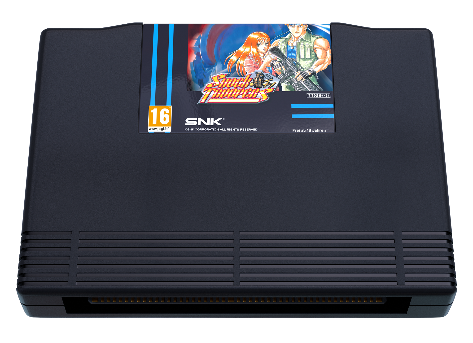 SNK Super Troopers Spielmodul mit PEGI 16-Einstufung und Comic-Artwork.