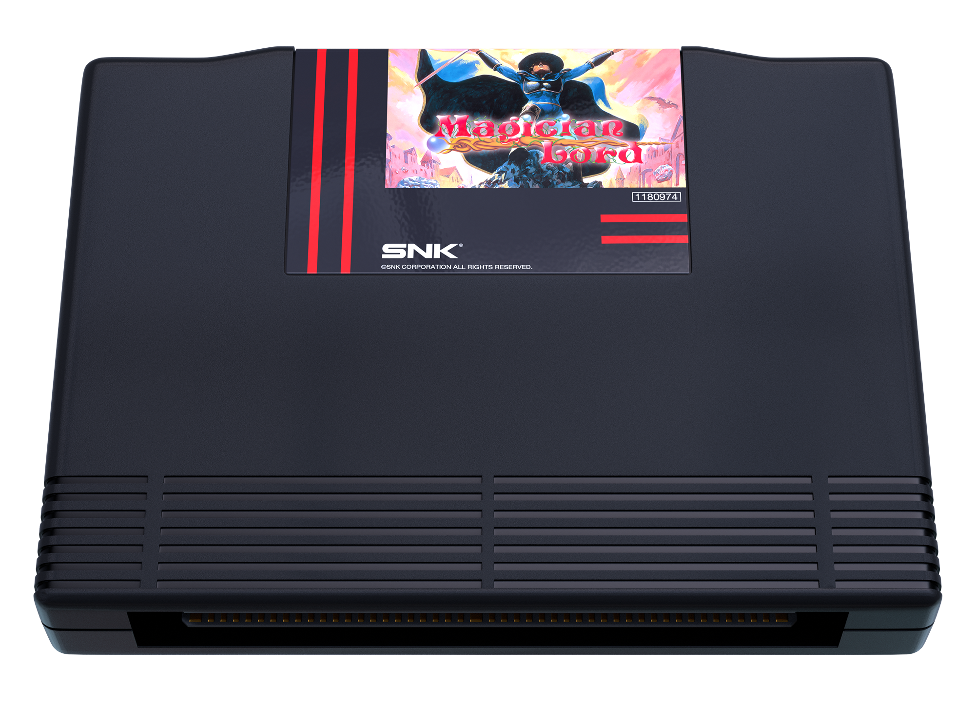 Eine dunkle Spielkassette mit dem Titel "Magician Lord" und einem Bild von einem Zauberer.