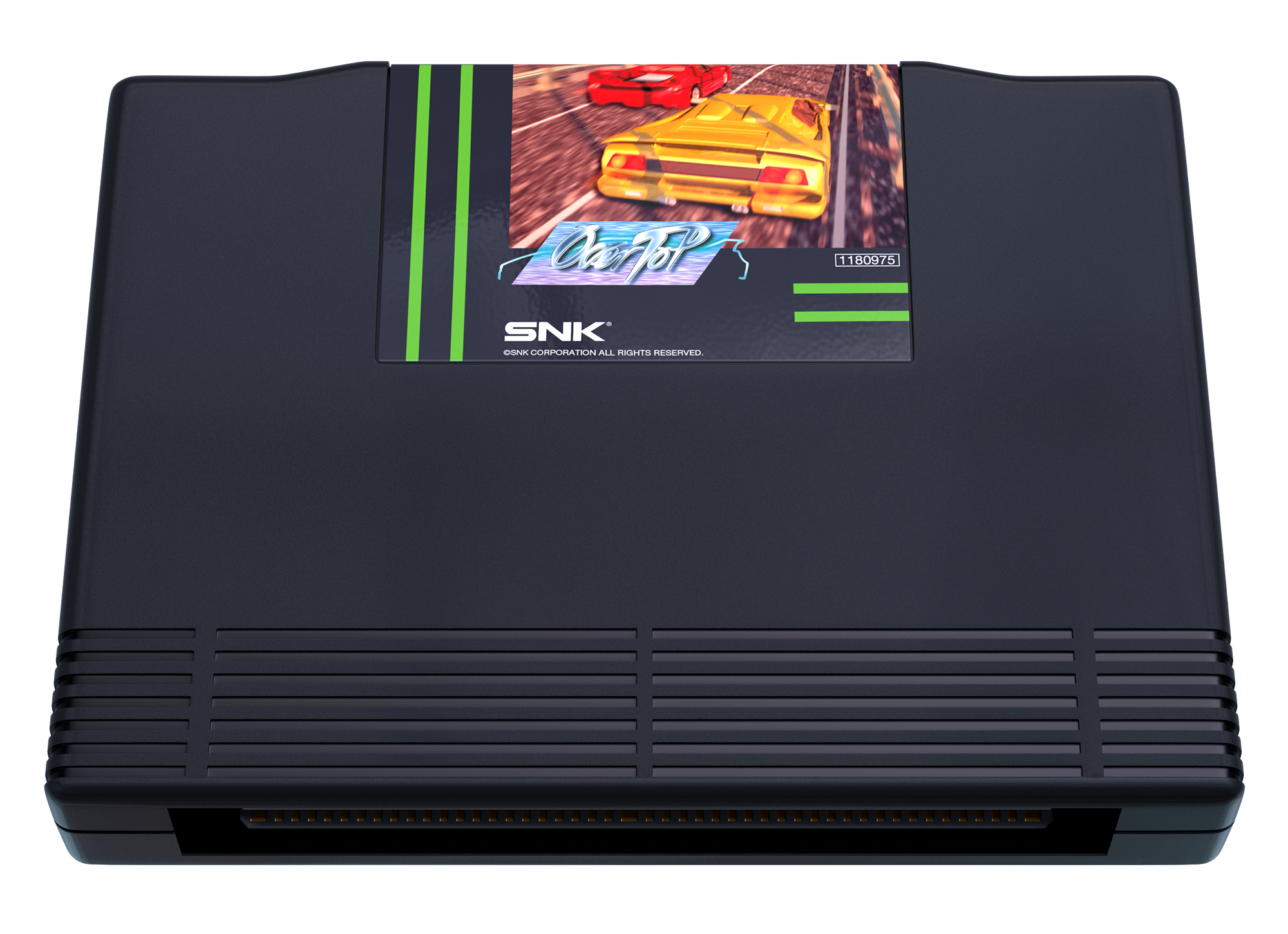 Ein schwarzes Videospielmodul mit einem Rennwagen-Label und grünen Streifen.