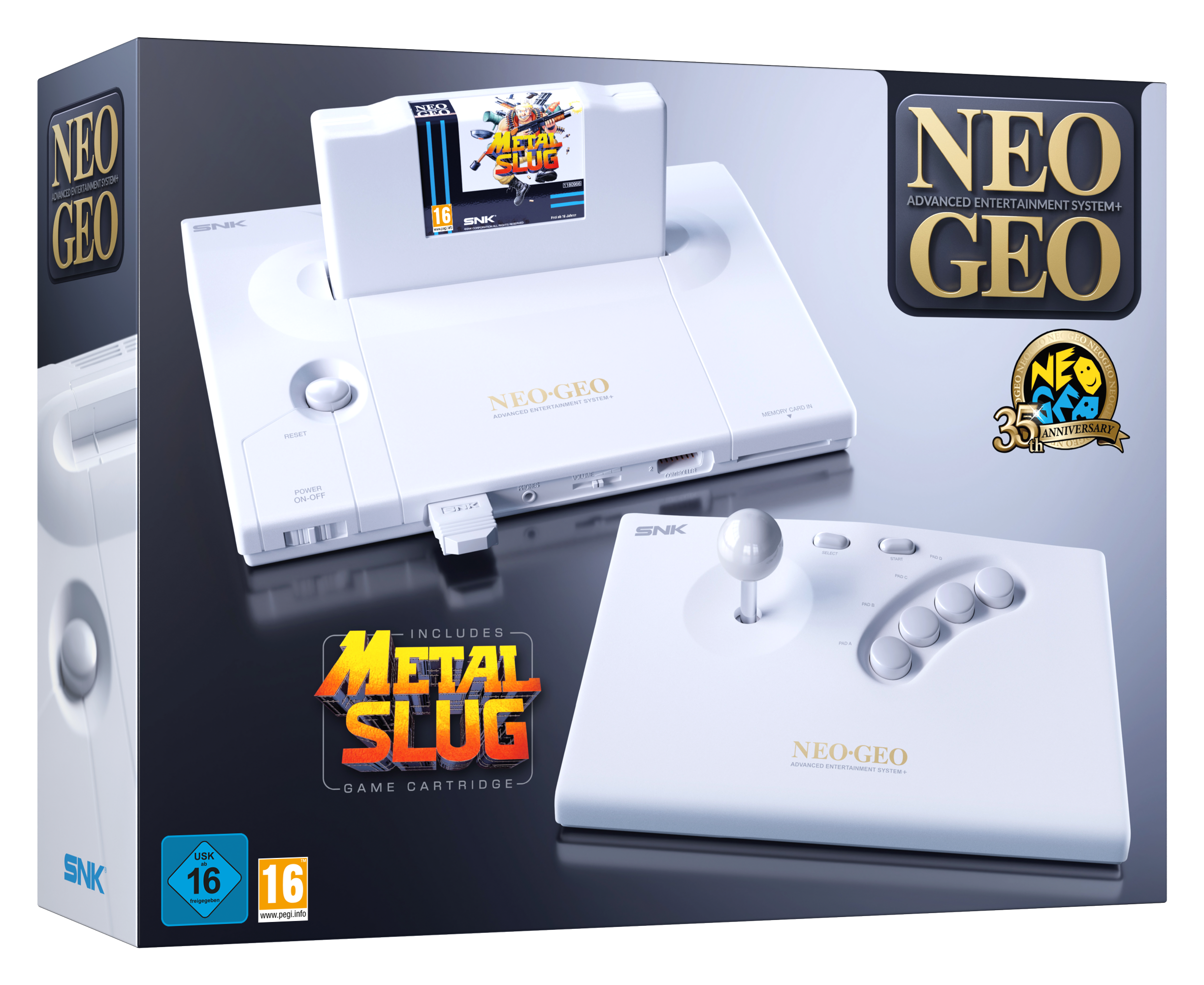 Weißes Neo Geo System mit Controller, Metallschnecken-Spiel und 35-jährigem Jubiläumslogo.
