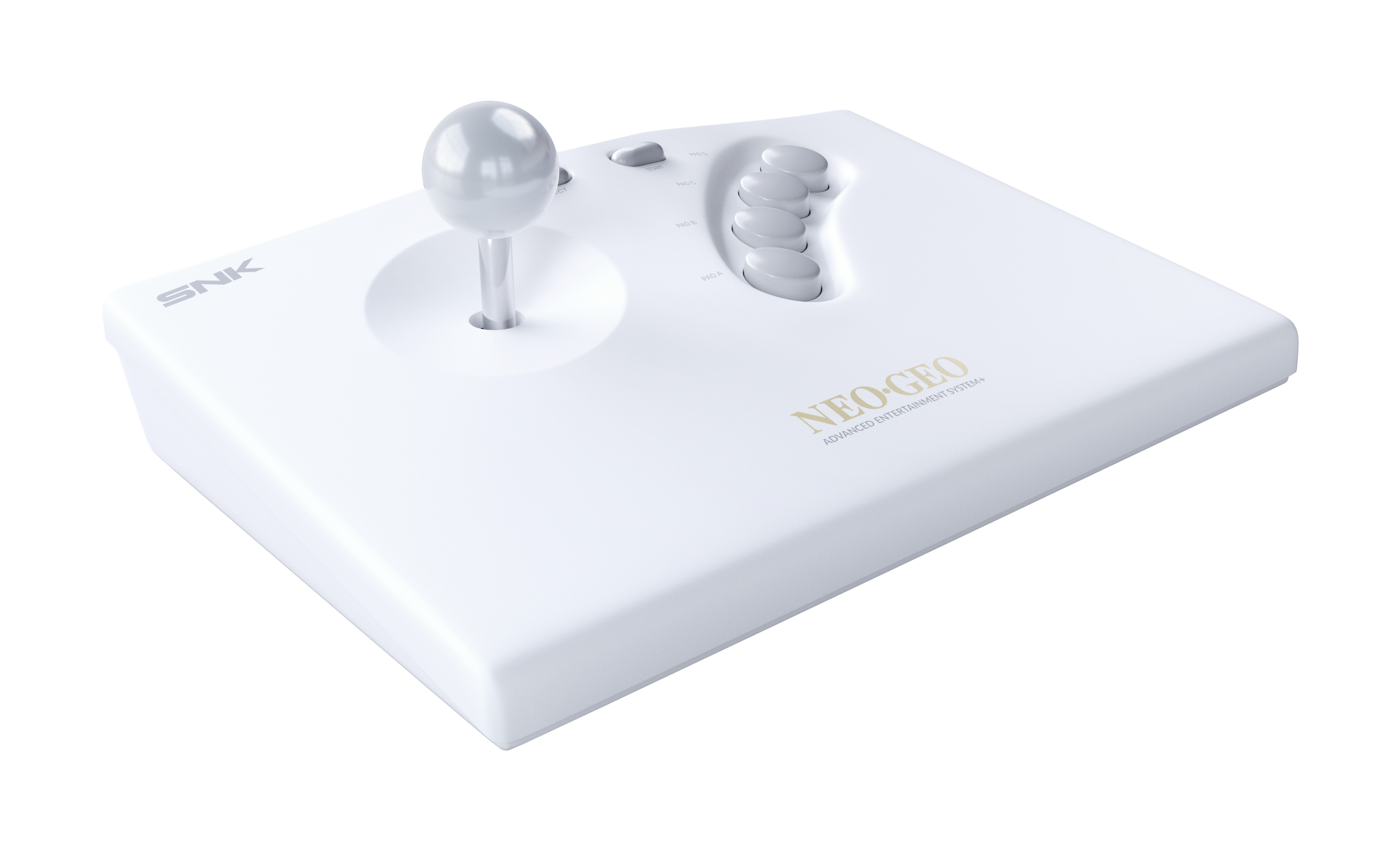 Ein weißer Neo Geo Arcade Stick mit SNK-Logo und Joysticks.