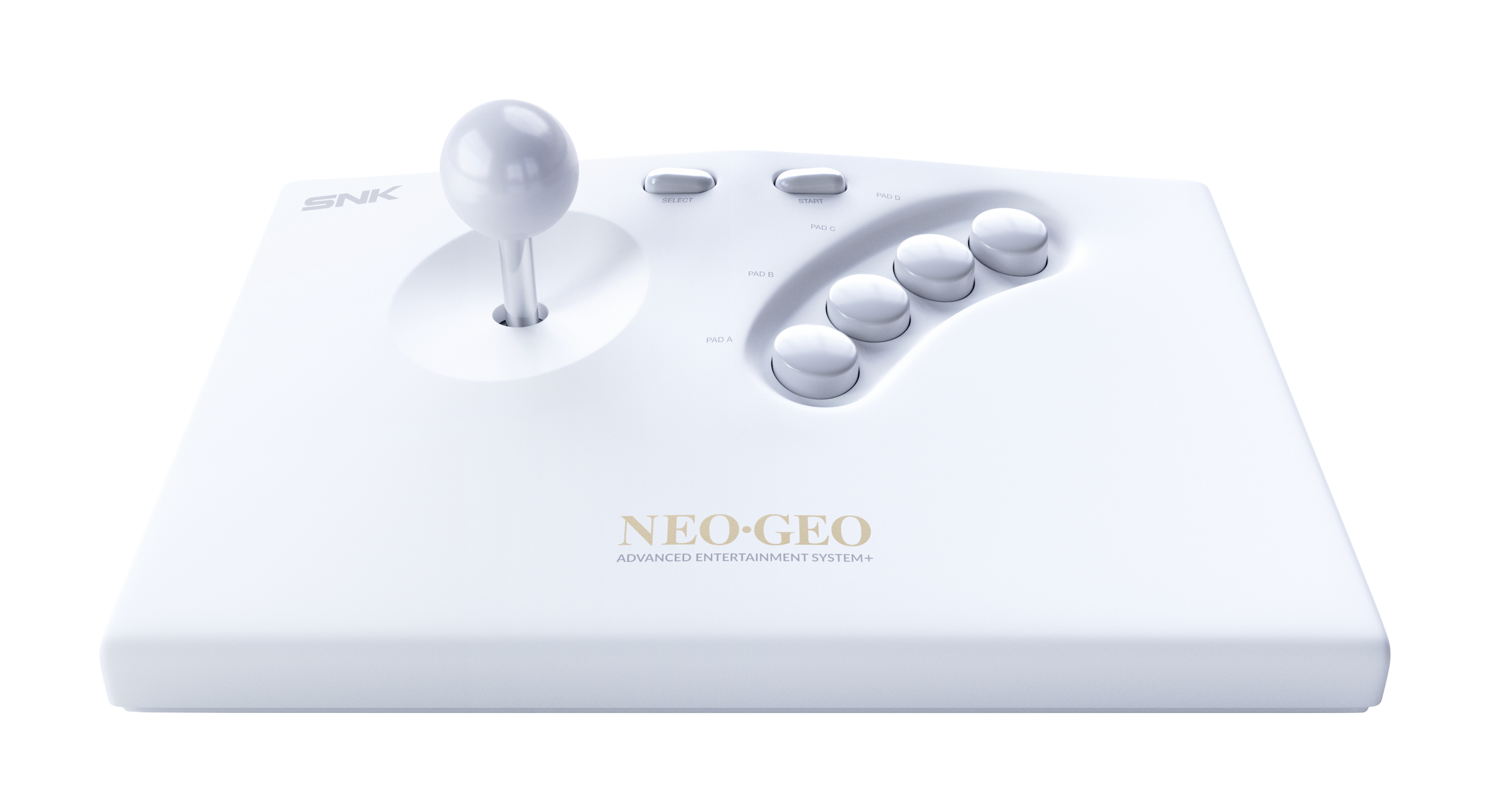 Weißer SNK Neo Geo Joystick mit vier Knöpfen und SNK-Logo.