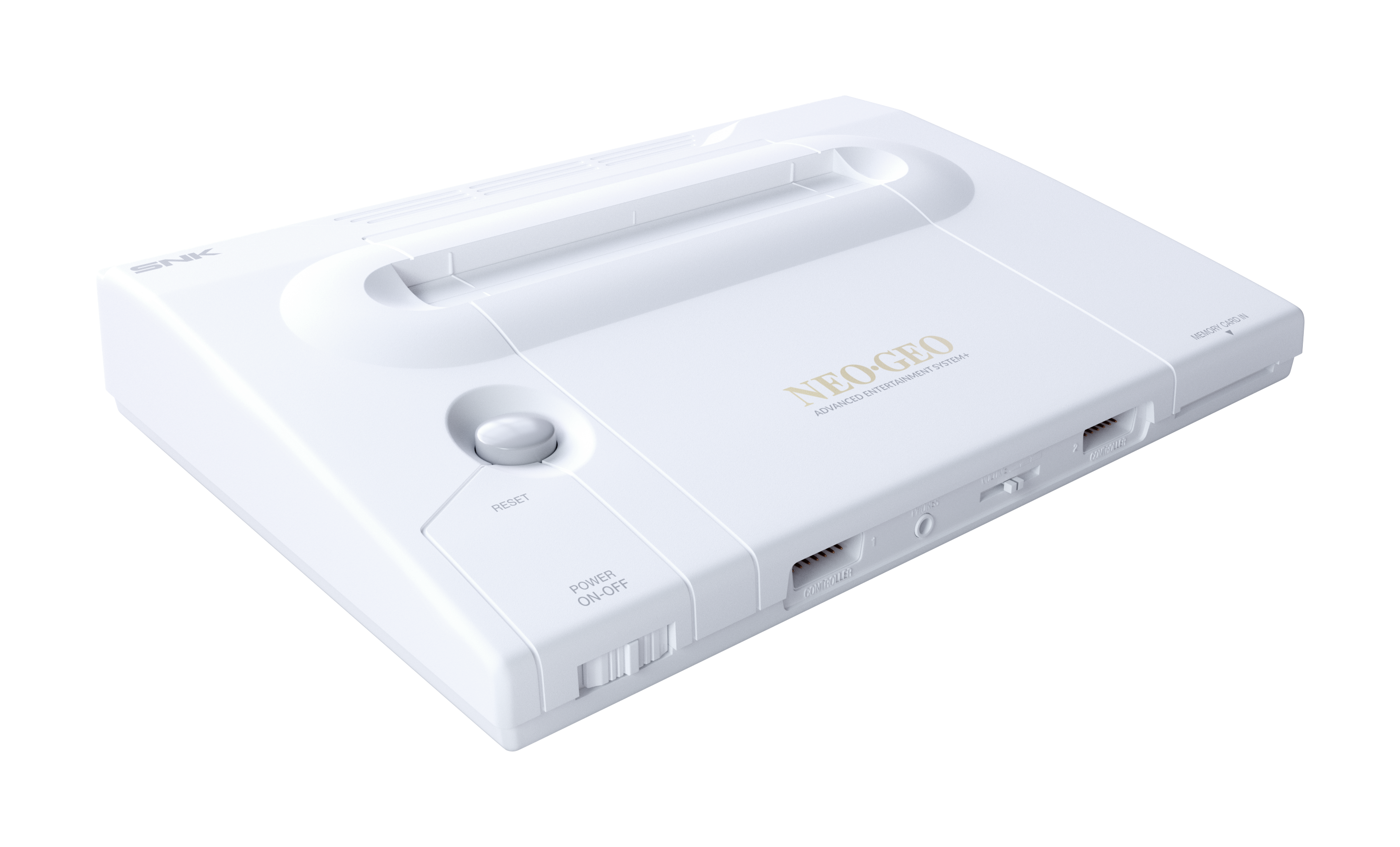 Weiße Neo-Geo-Konsole mit SNK-Logo, Reset-, Strom-, Controller- und Speicherkartenanschlüssen.