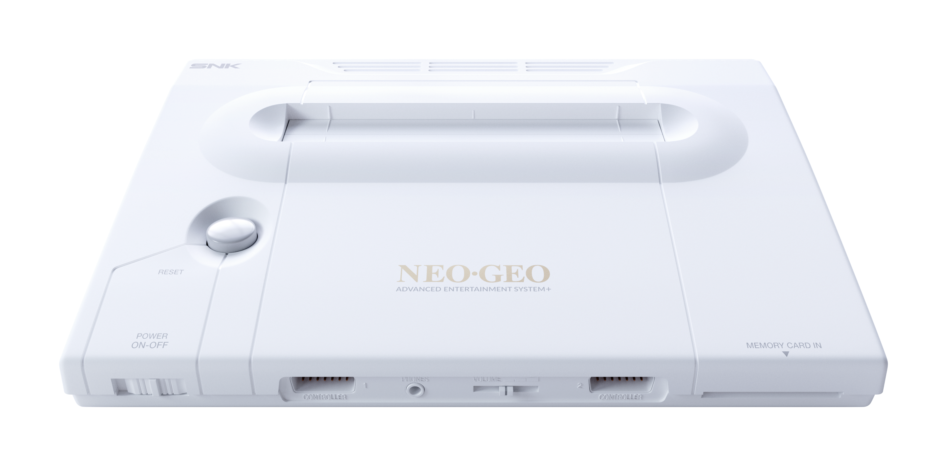 Ein weißes SNK Neo Geo Advanced Entertainment System+ mit Reset-, Power- und Controller-Anschlüssen.