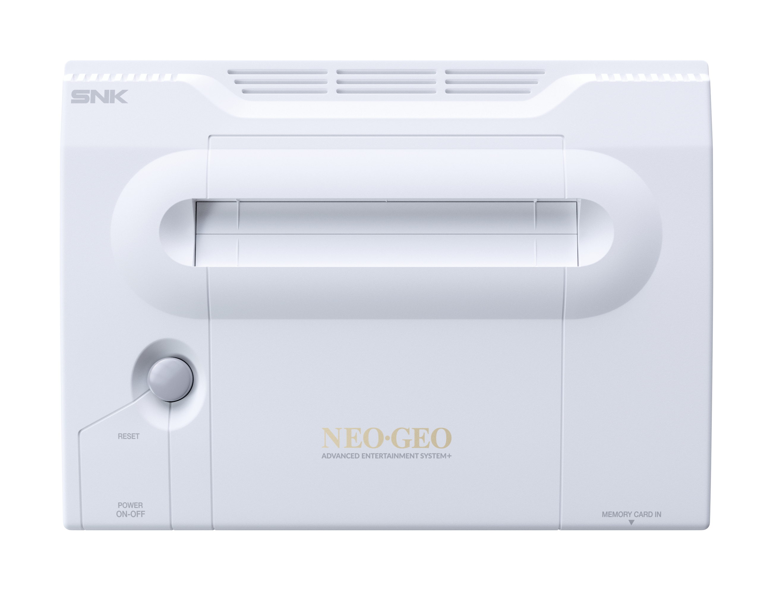 Ein weißes SNK Neo-Geo-Konsolen-Gehäuse mit Reset-, Power- und Memory-Card-Anschlüssen.