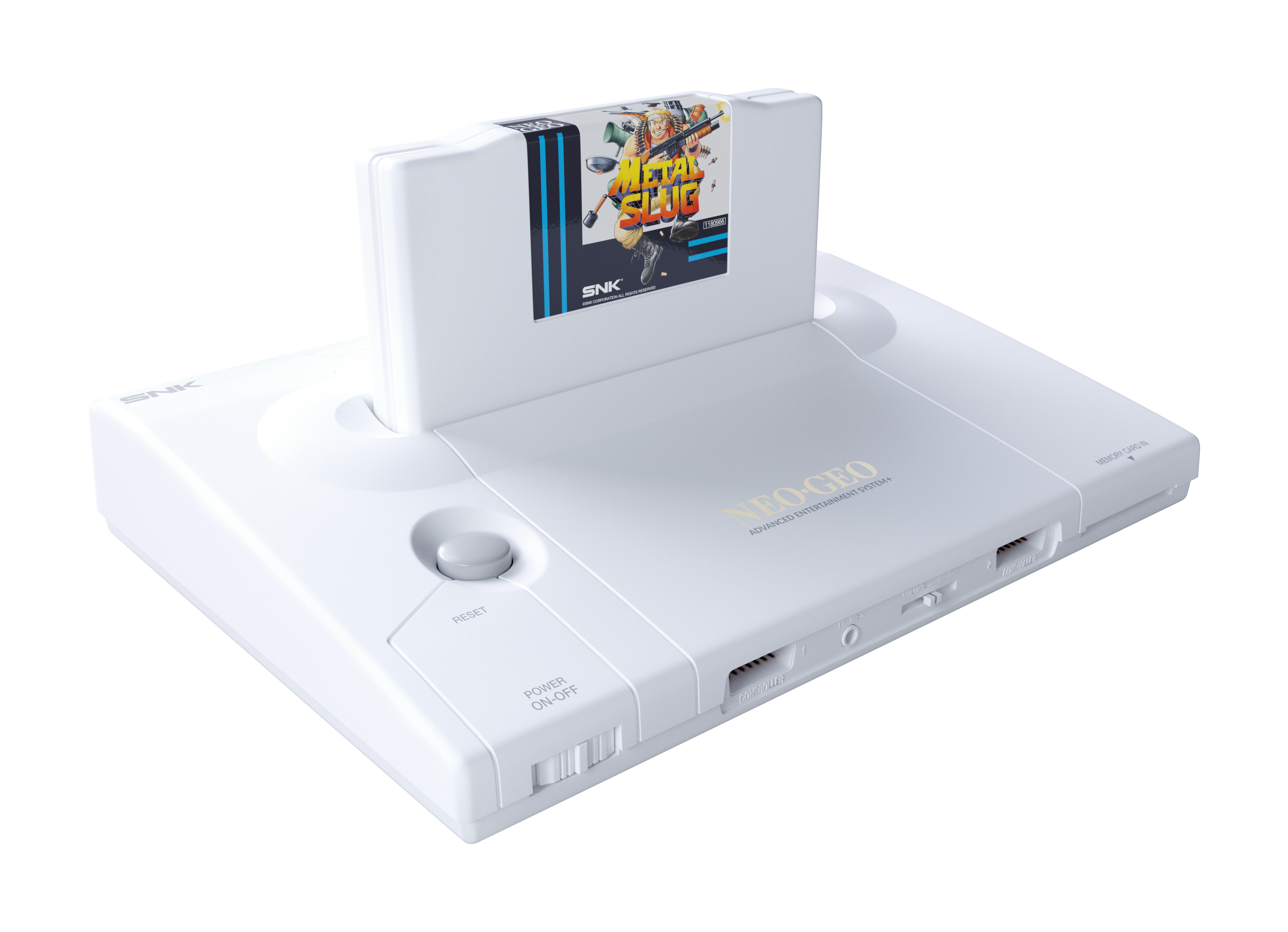 Ein weiße Neo Geo Konsole mit einer Metal Slug-Spielkassette.