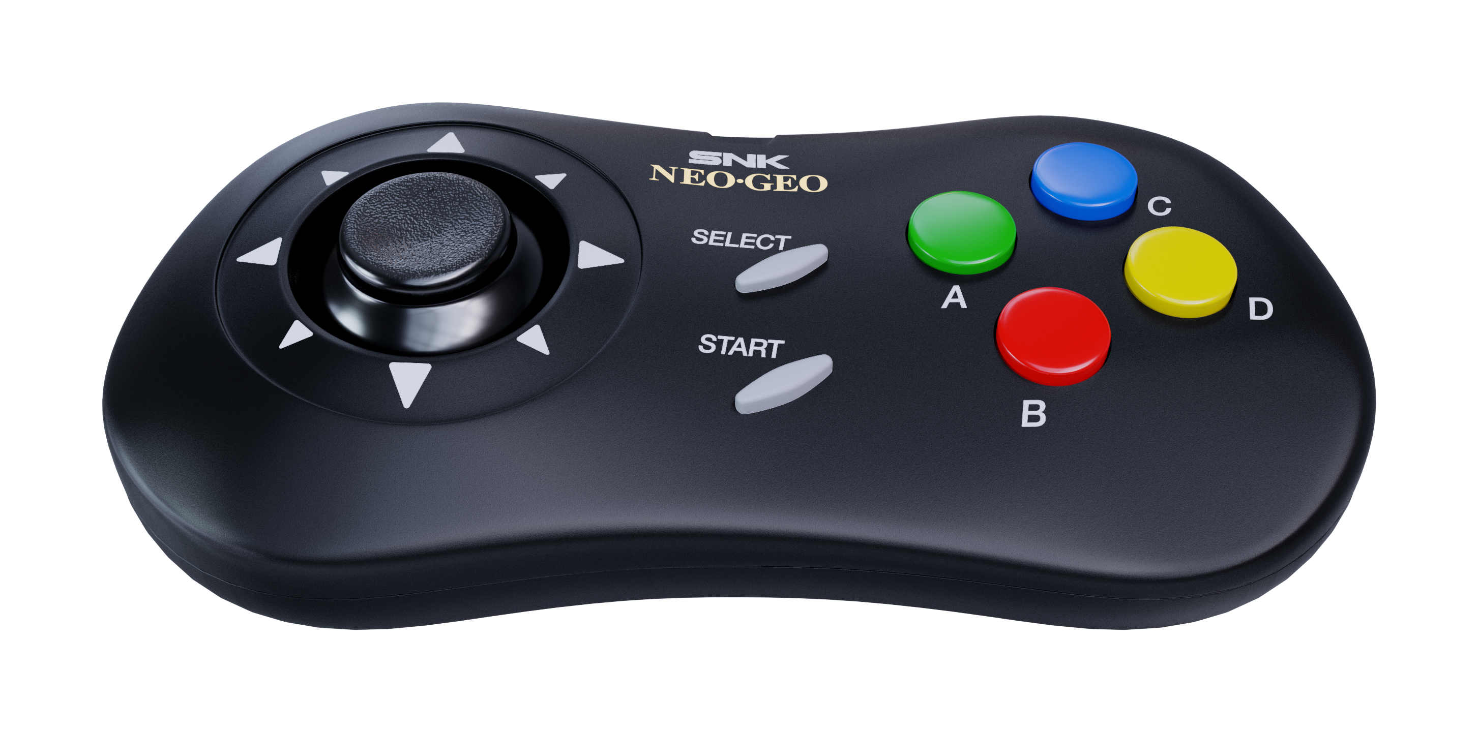 Ein schwarzer SNK Neo-Geo Controller mit Joystick, Select/Start-Tasten und vier farbigen Aktionstasten.