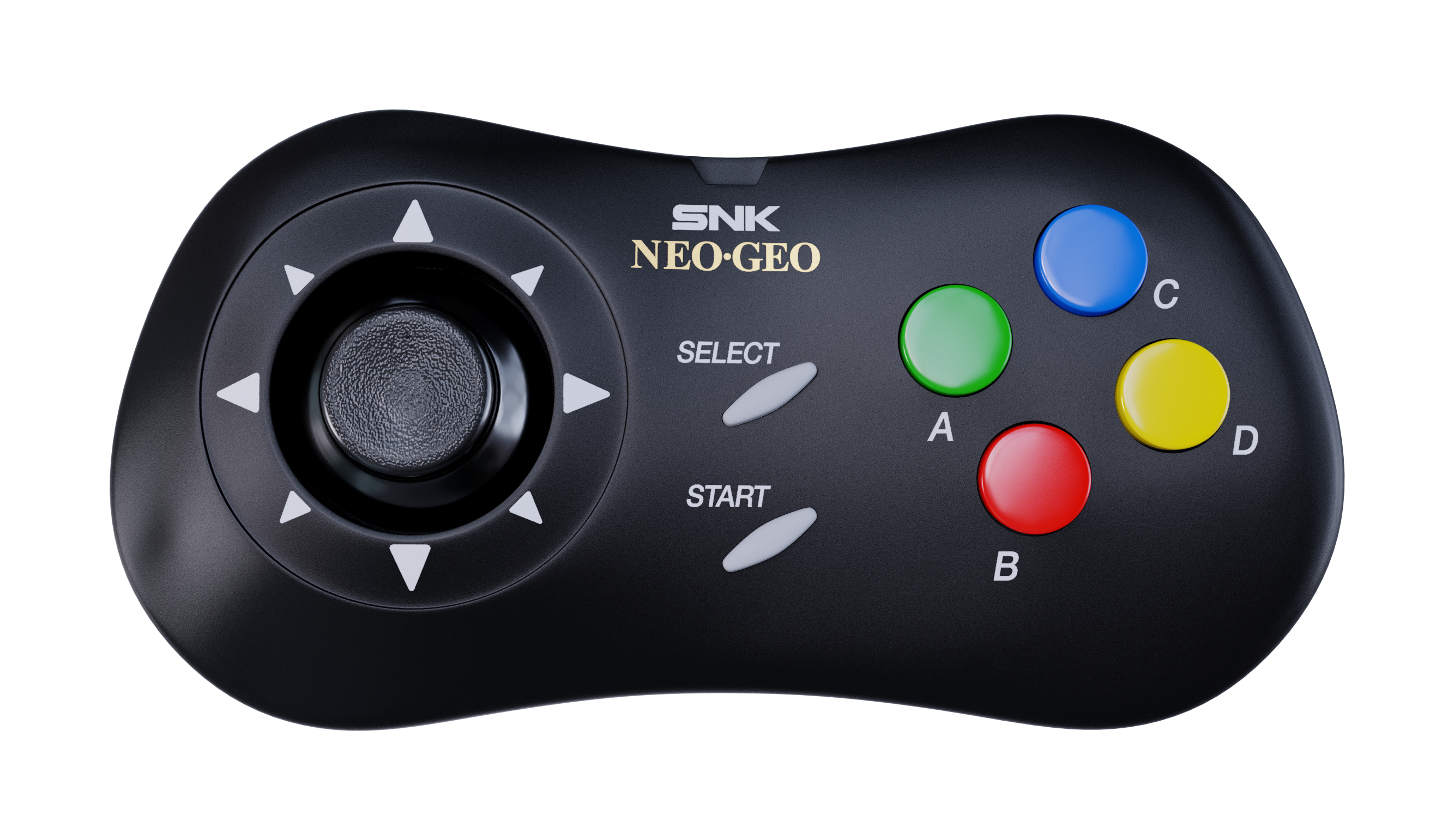 Schwarzer SNK Neo Geo Controller mit Joystick, SELECT/START-Tasten, 4 farbigen Tasten.