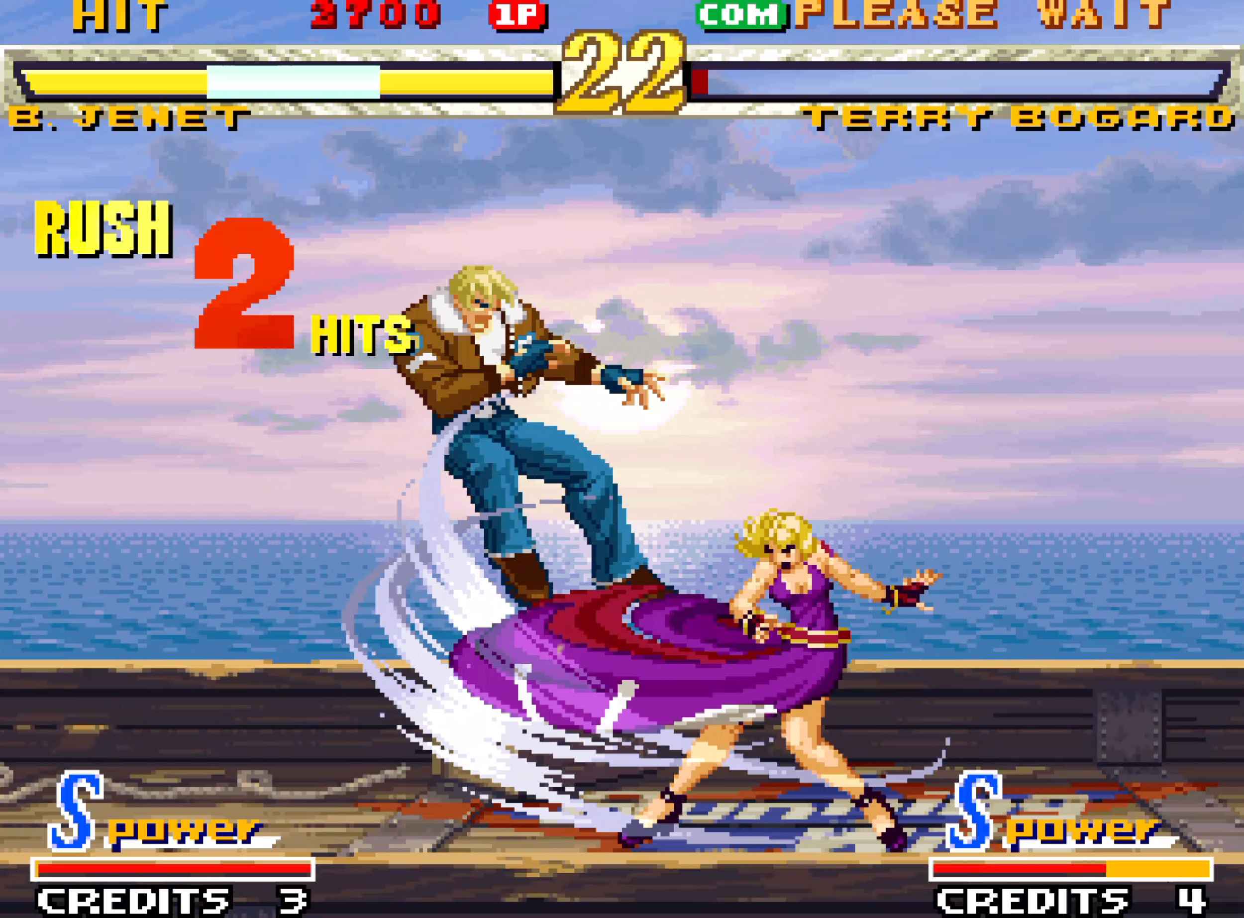 Kampfspiel: Terry Bogard trifft B. Venet mit 2 Treffern. Ozean-Hintergrund.