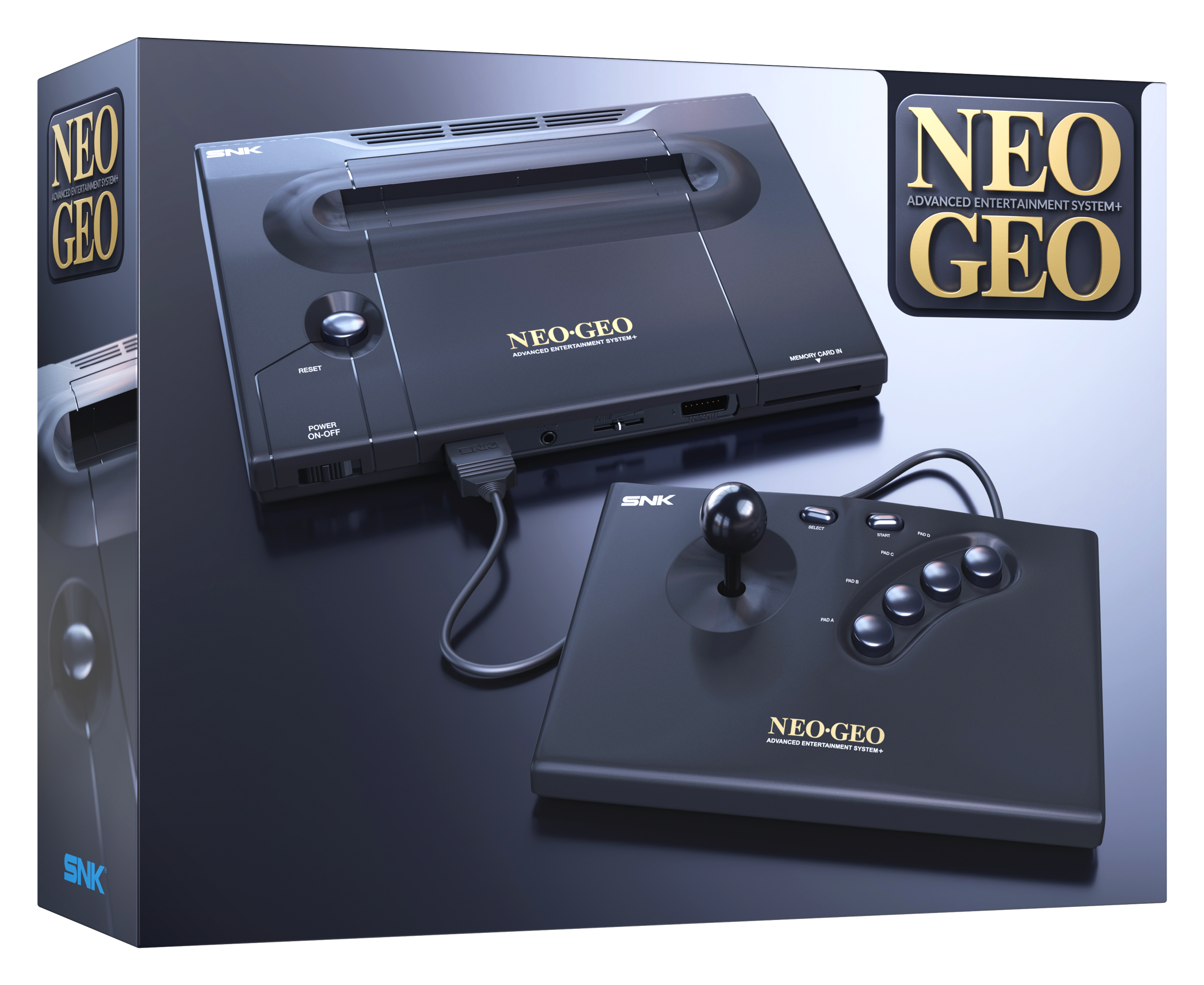 Schwarzes Neo Geo Konsolen- und Controller-Set mit SNK-Logo auf dunklem Hintergrund.