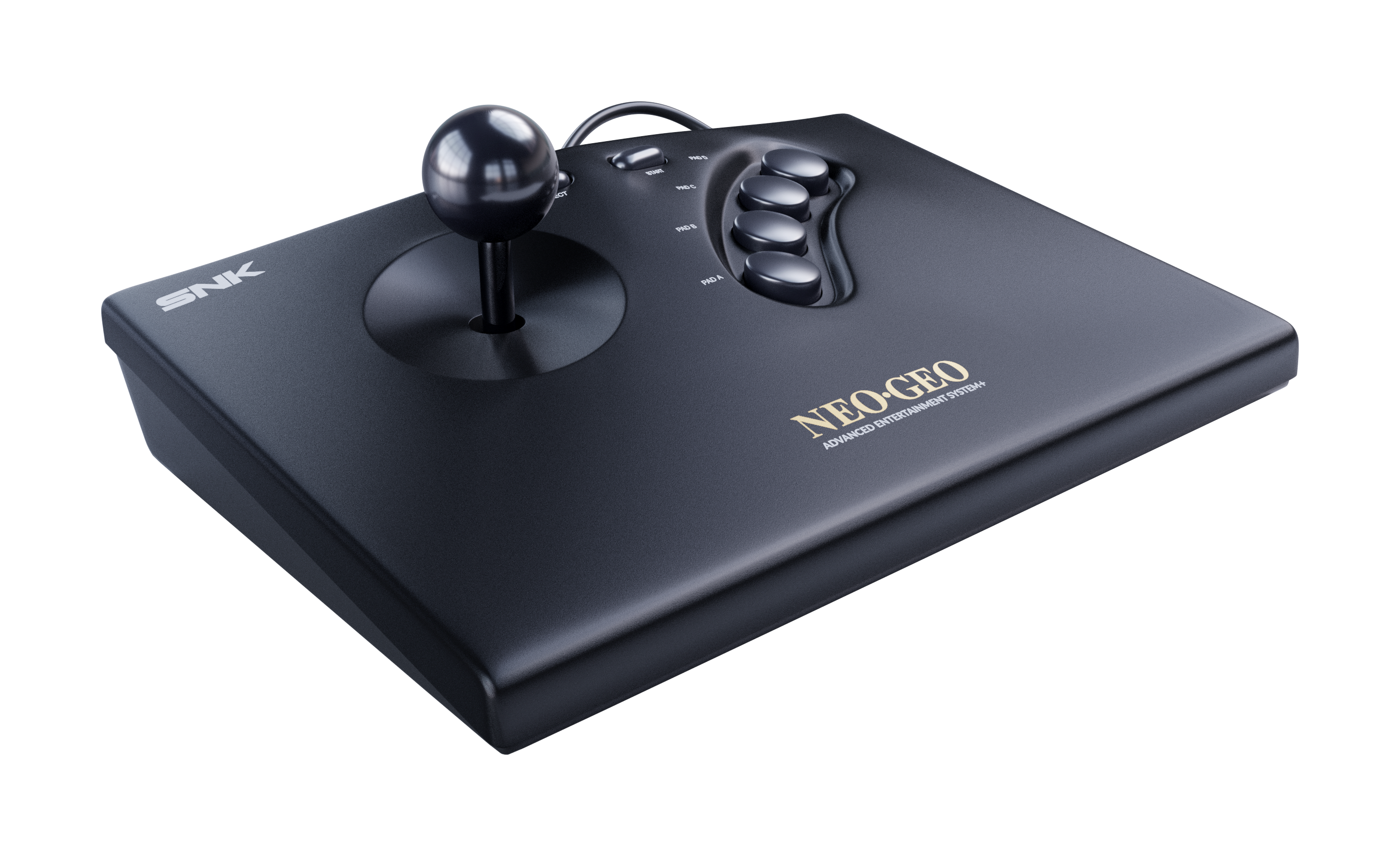 Ein schwarzer Neo Geo Arcade Stick mit Joystick und Knöpfen auf schwarzem Hintergrund.