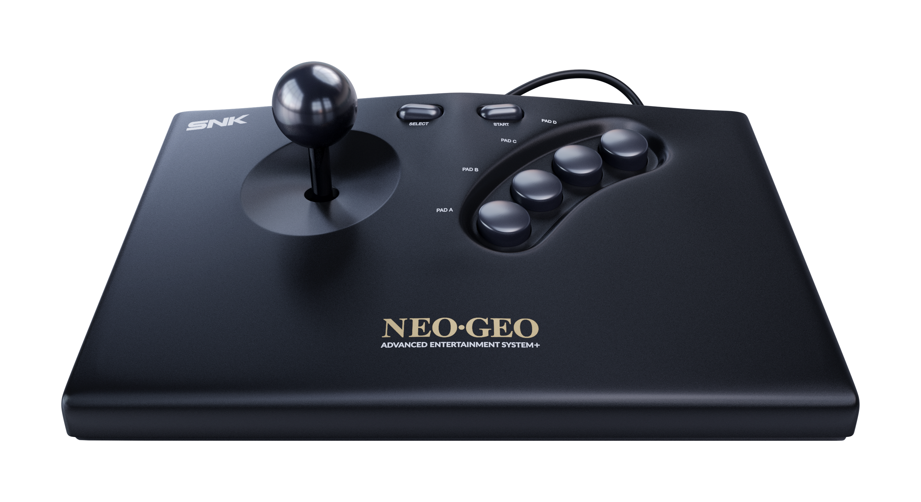 Schwarzer SNK Neo-Geo Arcade-Joystick mit vier Tasten und einem Joystick.