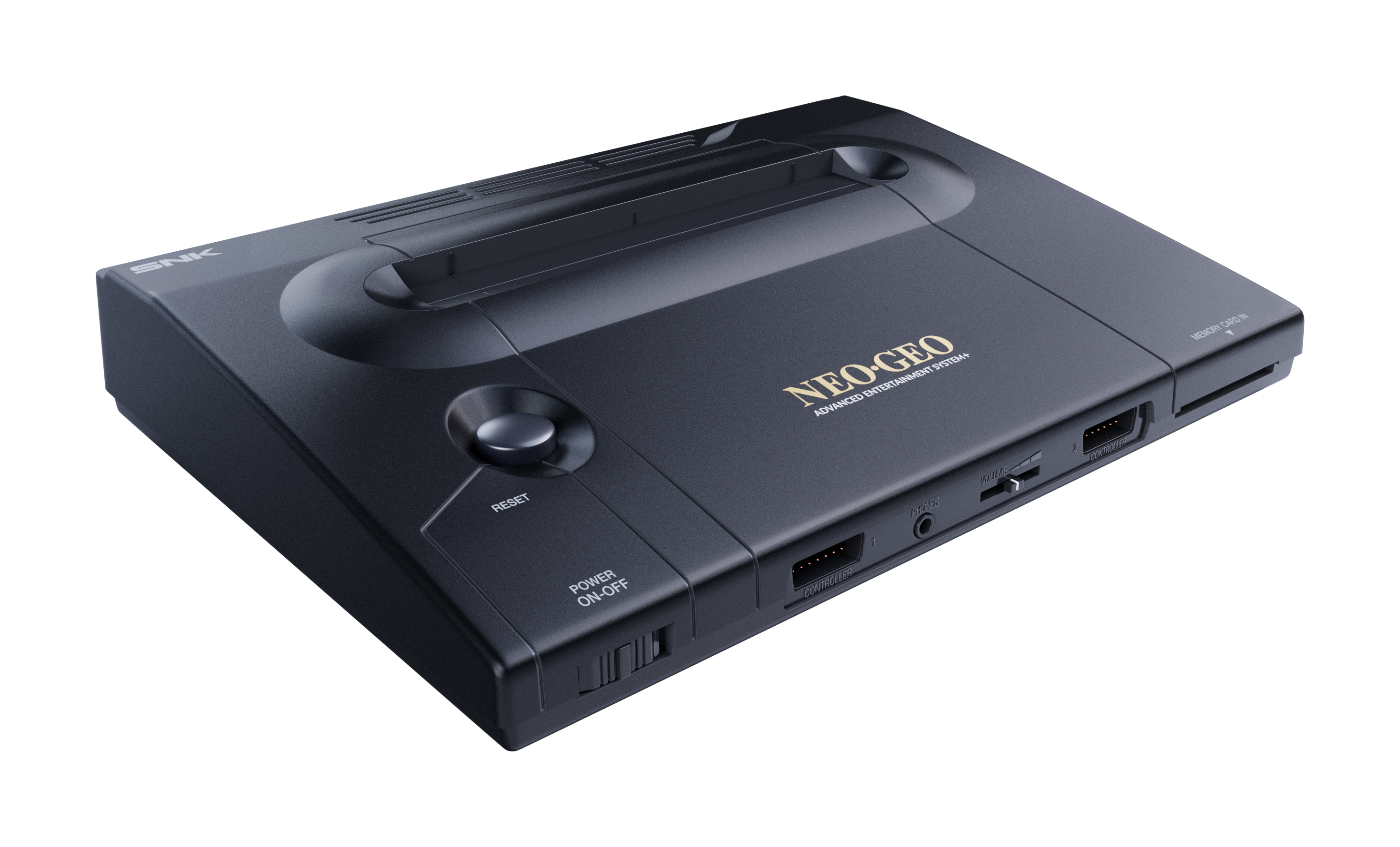 Eine dunkelgraue Neo Geo AES-Konsole mit "SNK"- und "Neo Geo"-Logos. Mit Anschlüssen und Tasten.