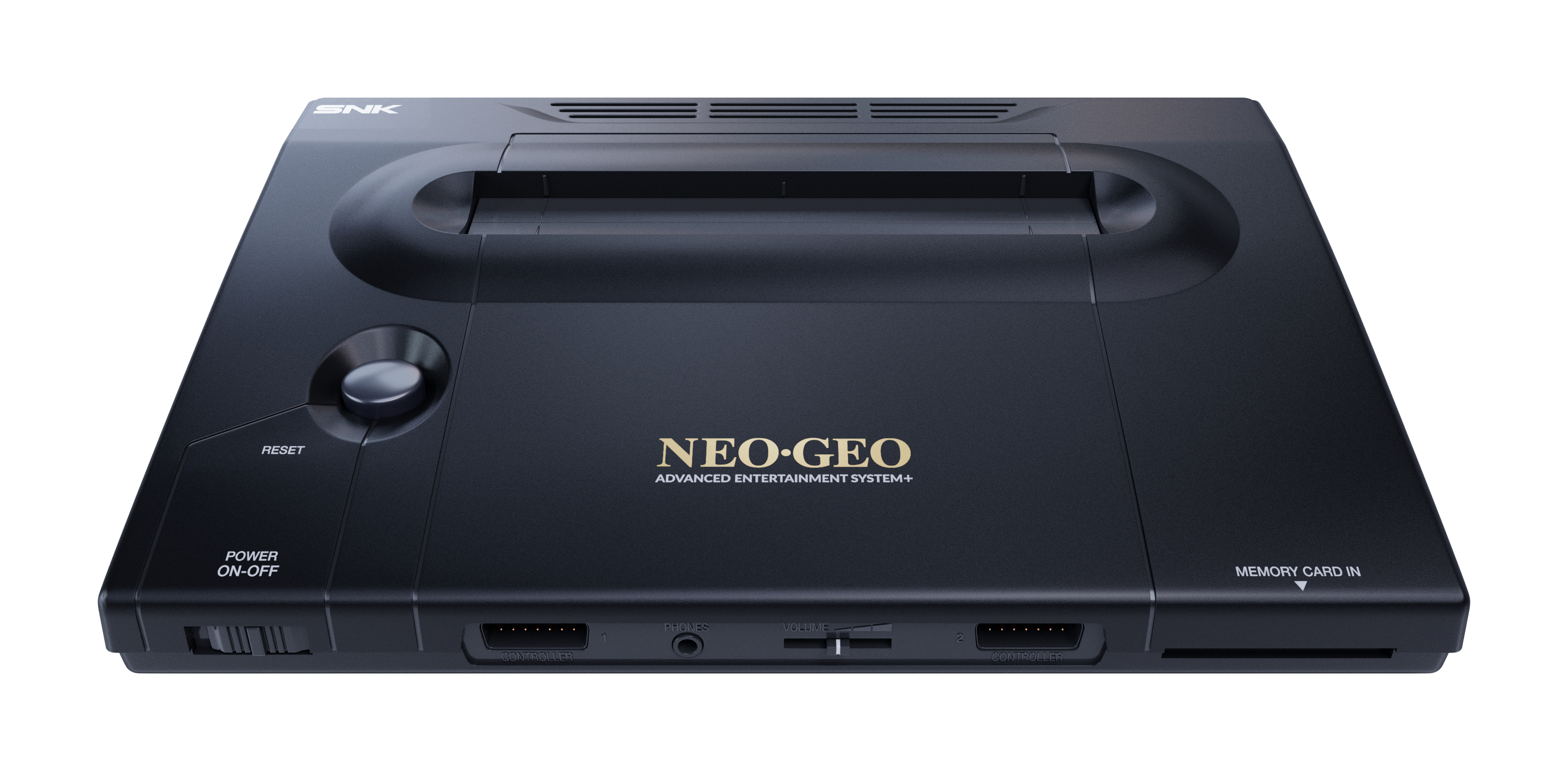 Ein schwarzes SNK Neo Geo Advanced Entertainment System+ mit Anschlüssen.