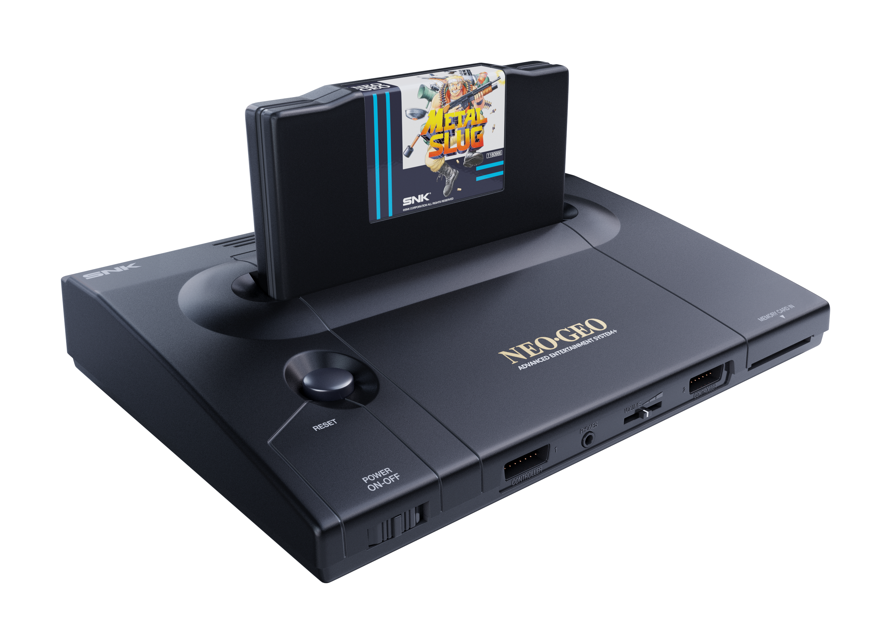 Ein schwarzes Neo Geo Konsolen-Modell mit eingesetzter Metal Slug-Spielkassette.