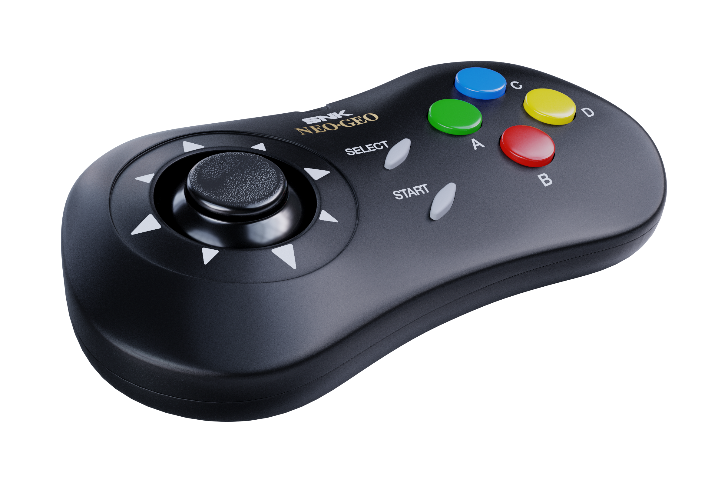 Schwarzer SNK Neo Geo Controller mit Joystick und bunten Tasten.