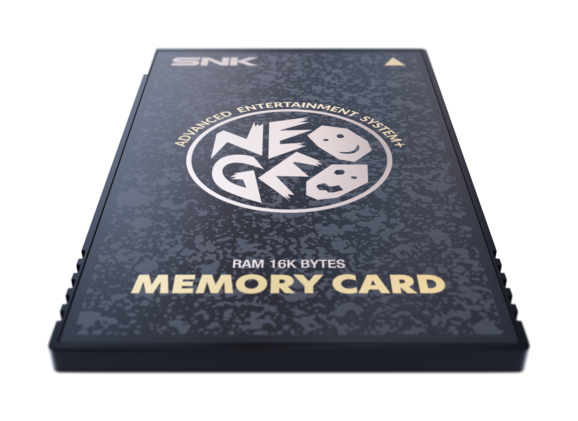 Dunkelgraue SNK Neo Geo Memory Card mit goldenem Schriftzug auf schwarzem Hintergrund.