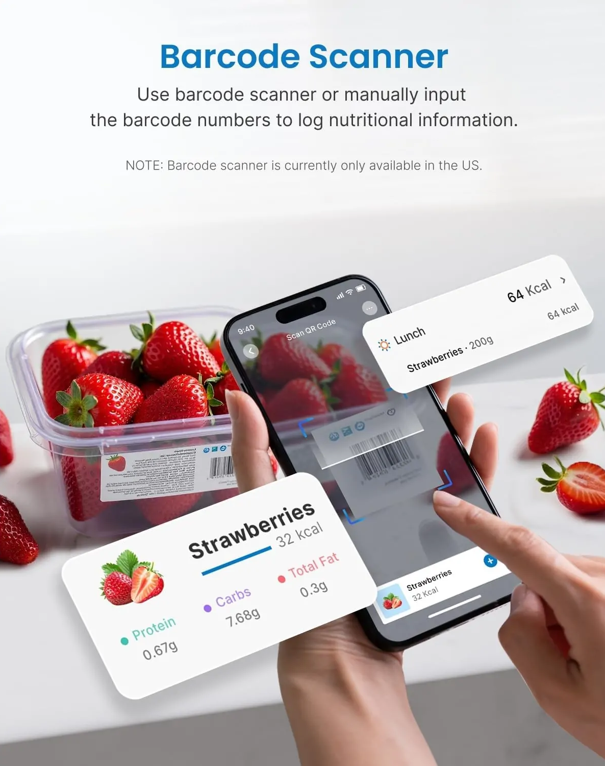 Egy telefon beolvas egy vonalkódot egy eperkonzervről, táplálkozási információkat jelenítve meg.
