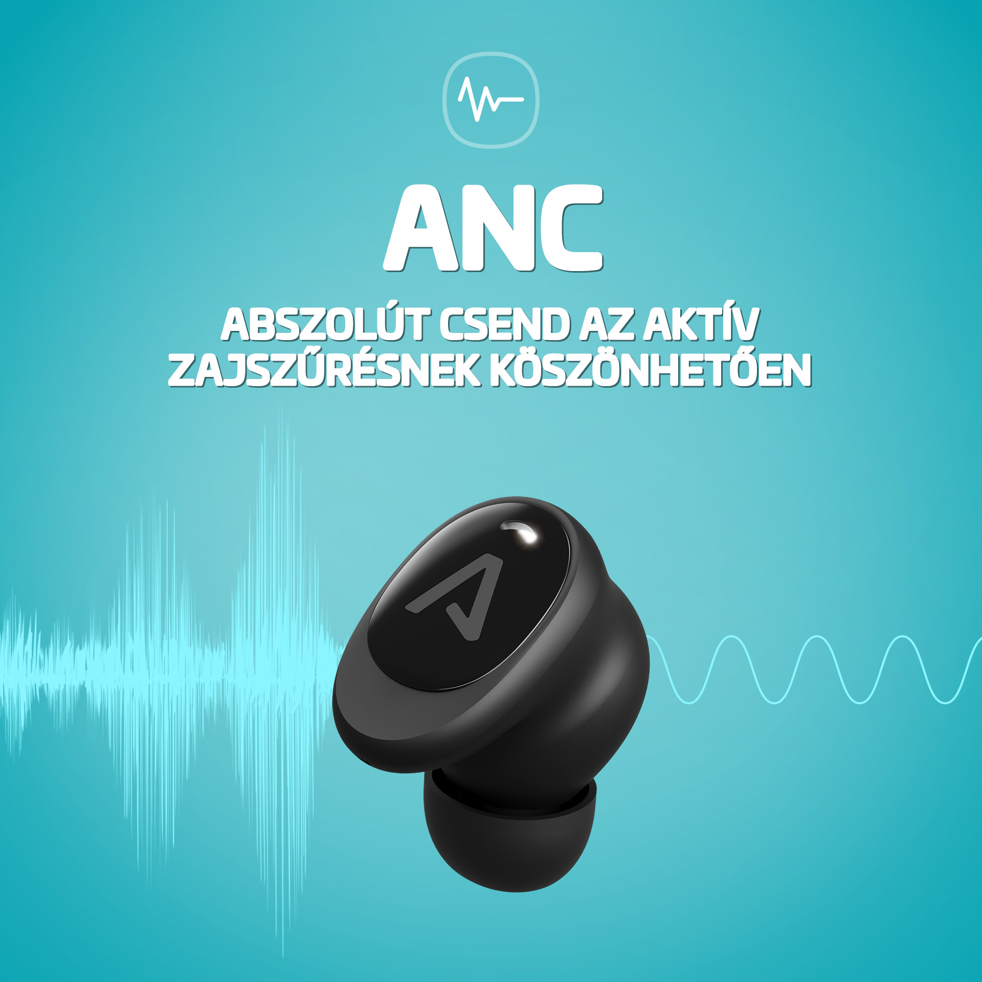Fekete fülhallgató ANC logóval, türkiz háttér hullámformákkal.