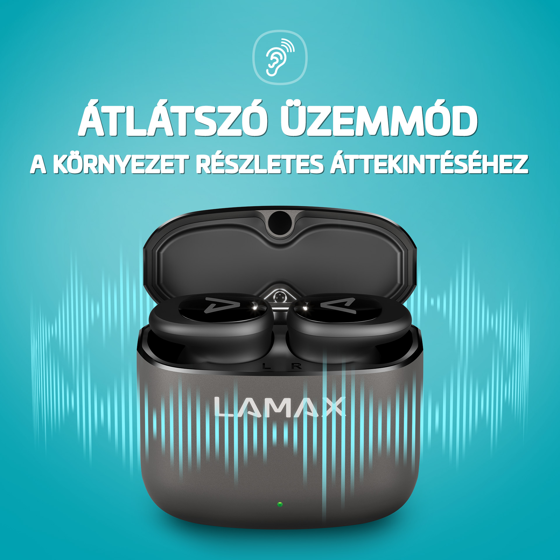 Egy szürke töltőtok két fekete fülhallgatóval, a részletes környezeti áttekintésért.